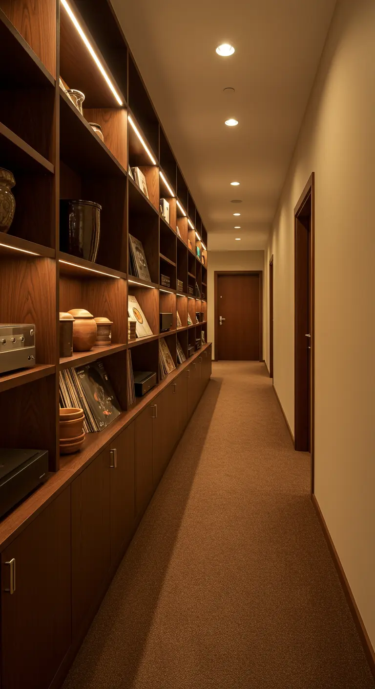 Corridoio con una lunga libreria in legno scuro illuminata, piena di dischi in vinile.