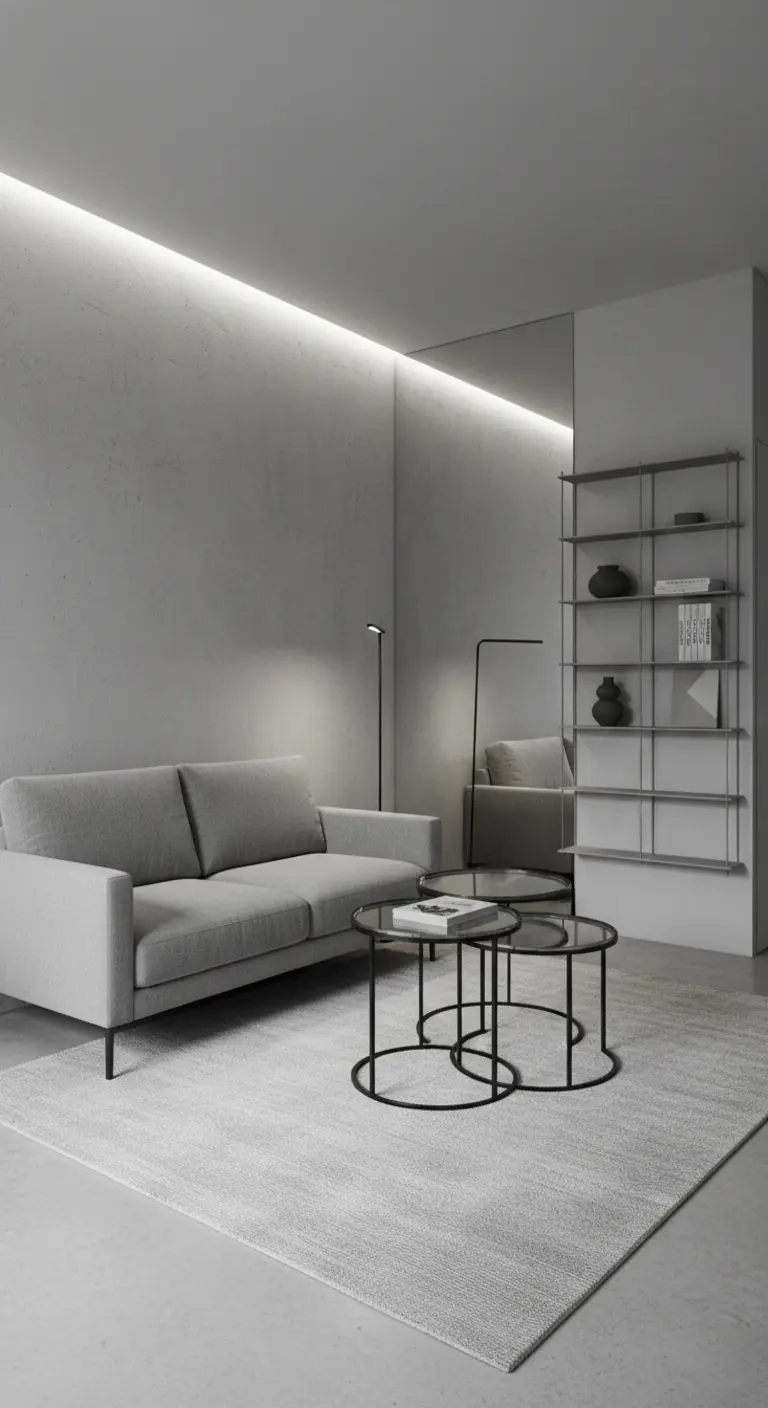 Salotto grigio con illuminazione a LED, specchio e tavolini in vetro.