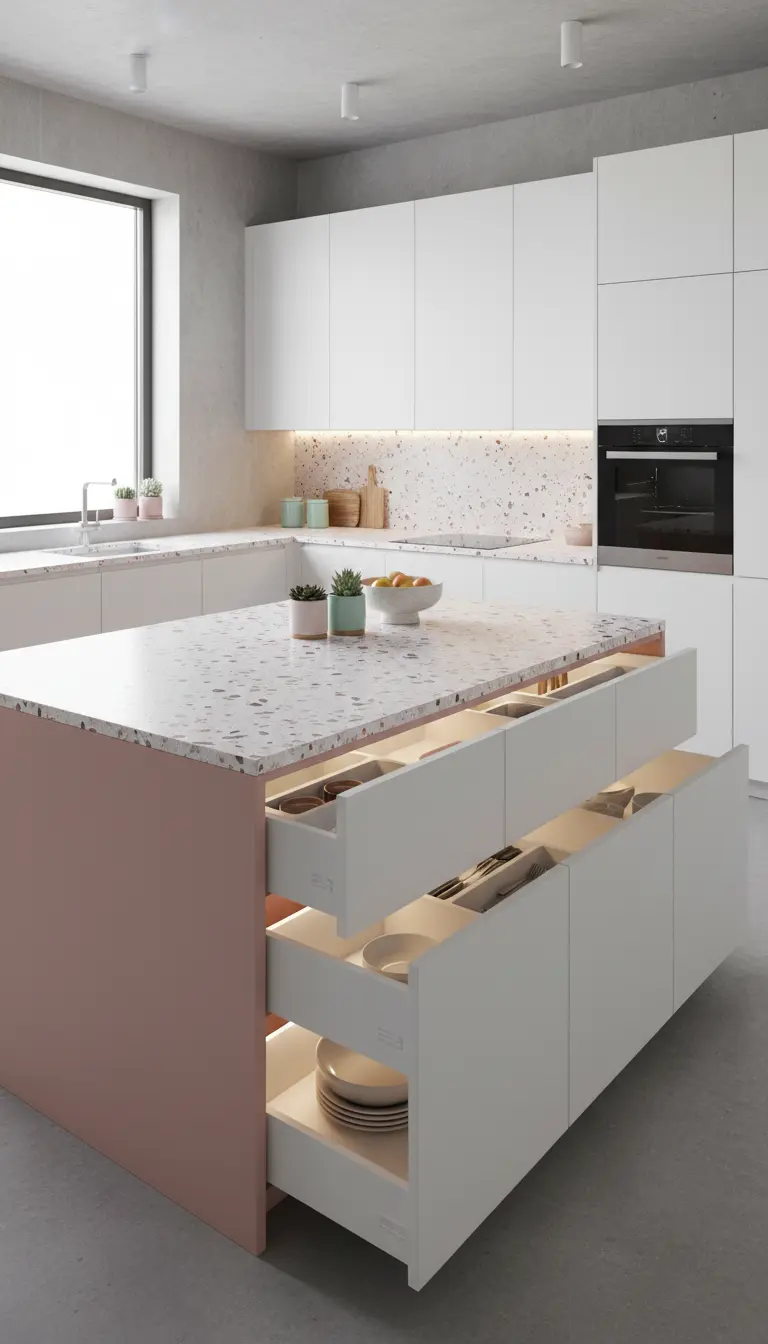 Cucina con isola rosa e bianca con cassetti aperti che rivelano un'illuminazione interna.