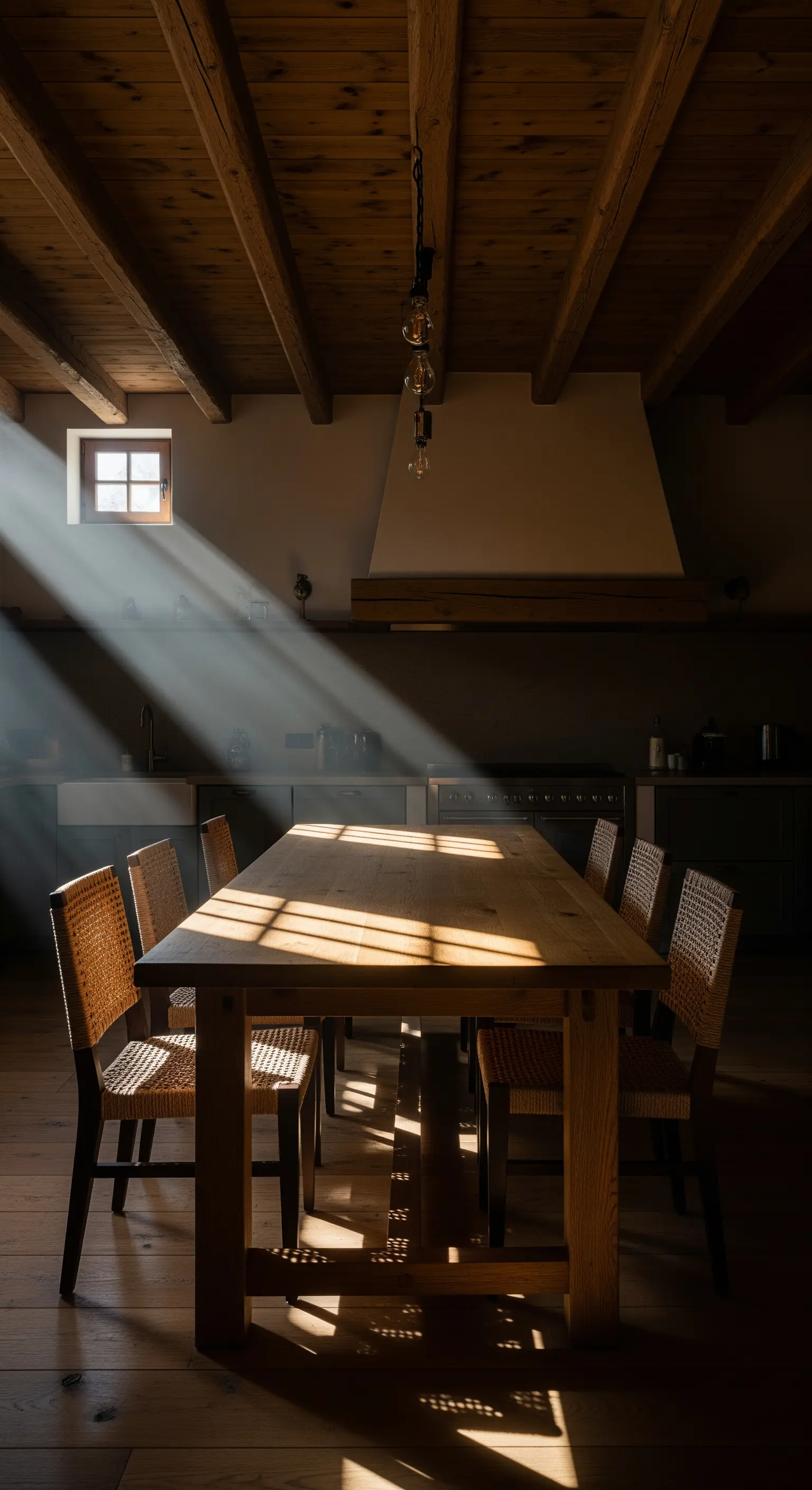 Lungo tavolo in legno in una cucina buia, illuminato da un raggio di luce dalla finestra.