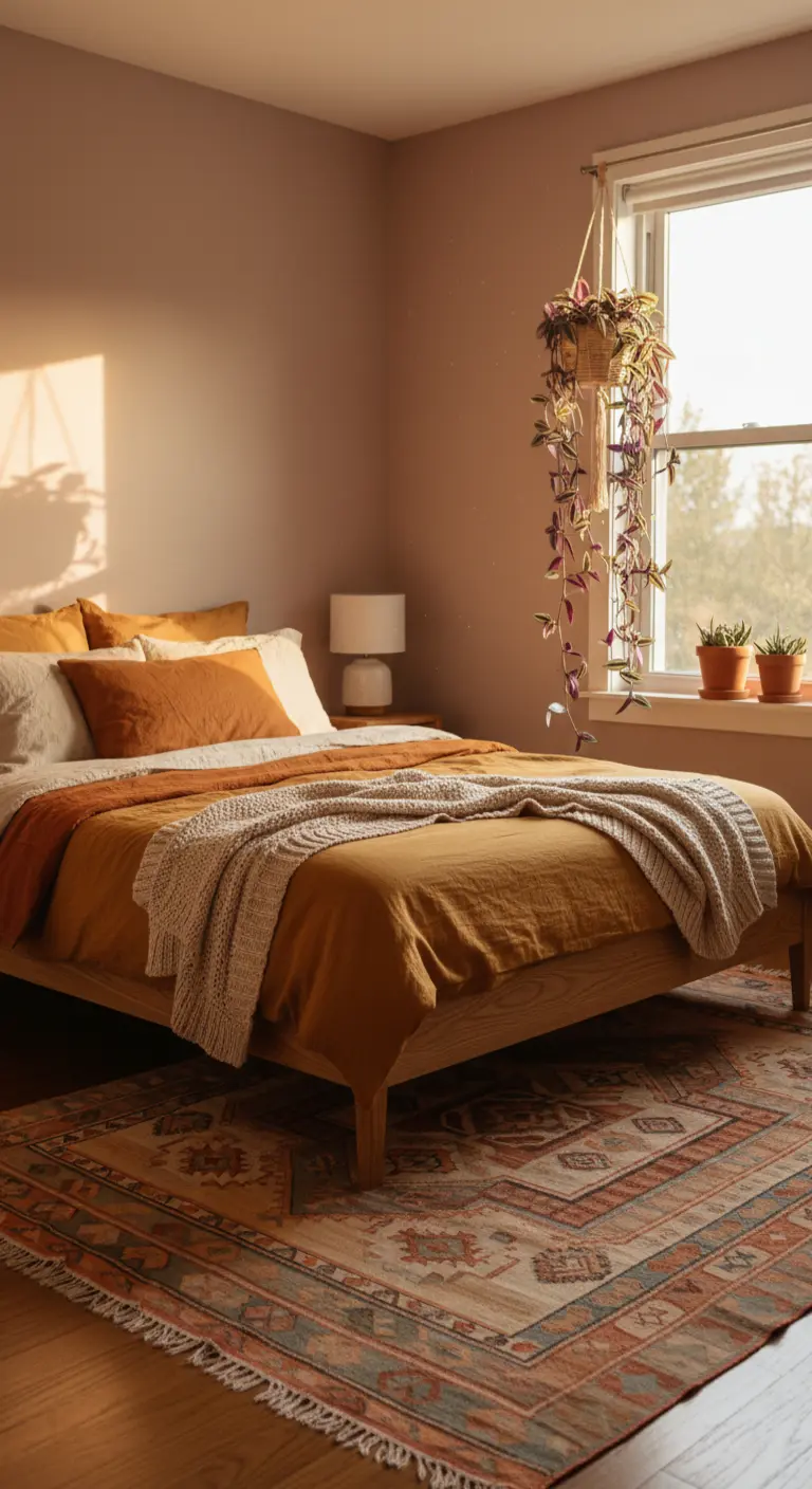 Camera da letto illuminata dalla luce calda del sole, con toni ocra e una pianta sospesa.