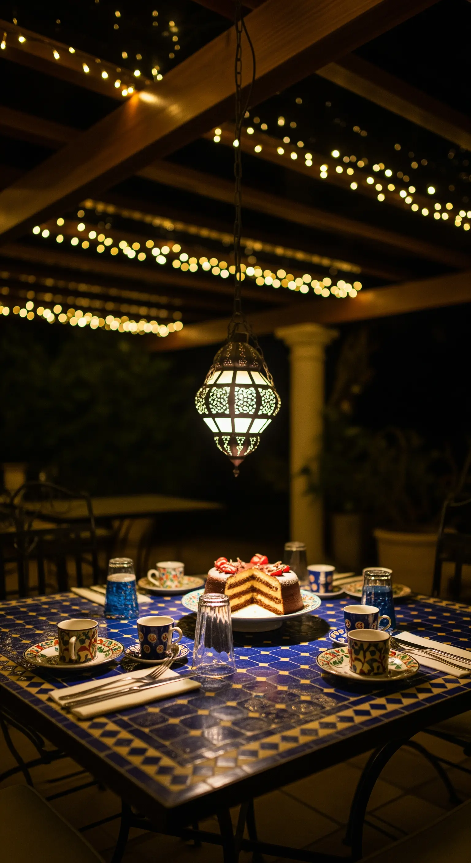 Tavolo in mosaico blu con una torta, illuminato da una lanterna sospesa e lucine sullo sfondo