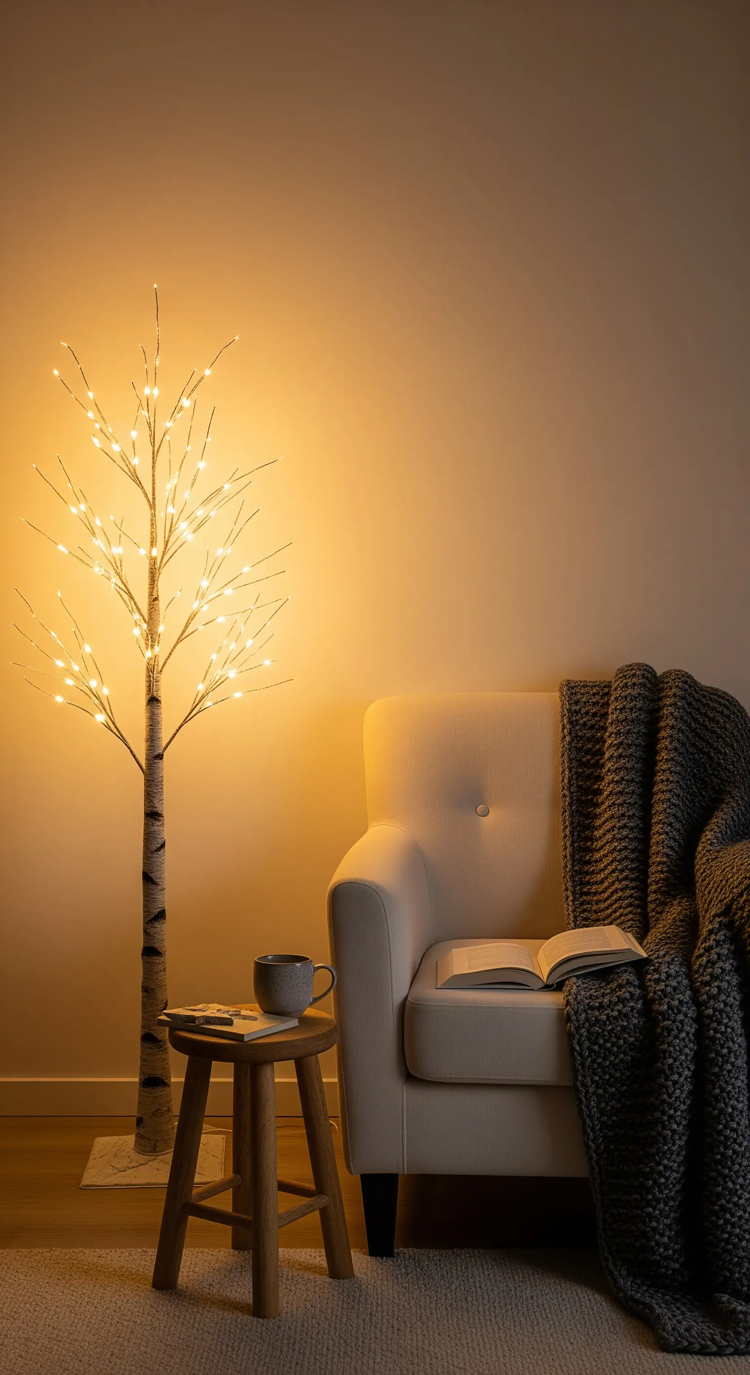 Angolo lettura con poltrona e un albero luminoso stilizzato che emana una luce calda.