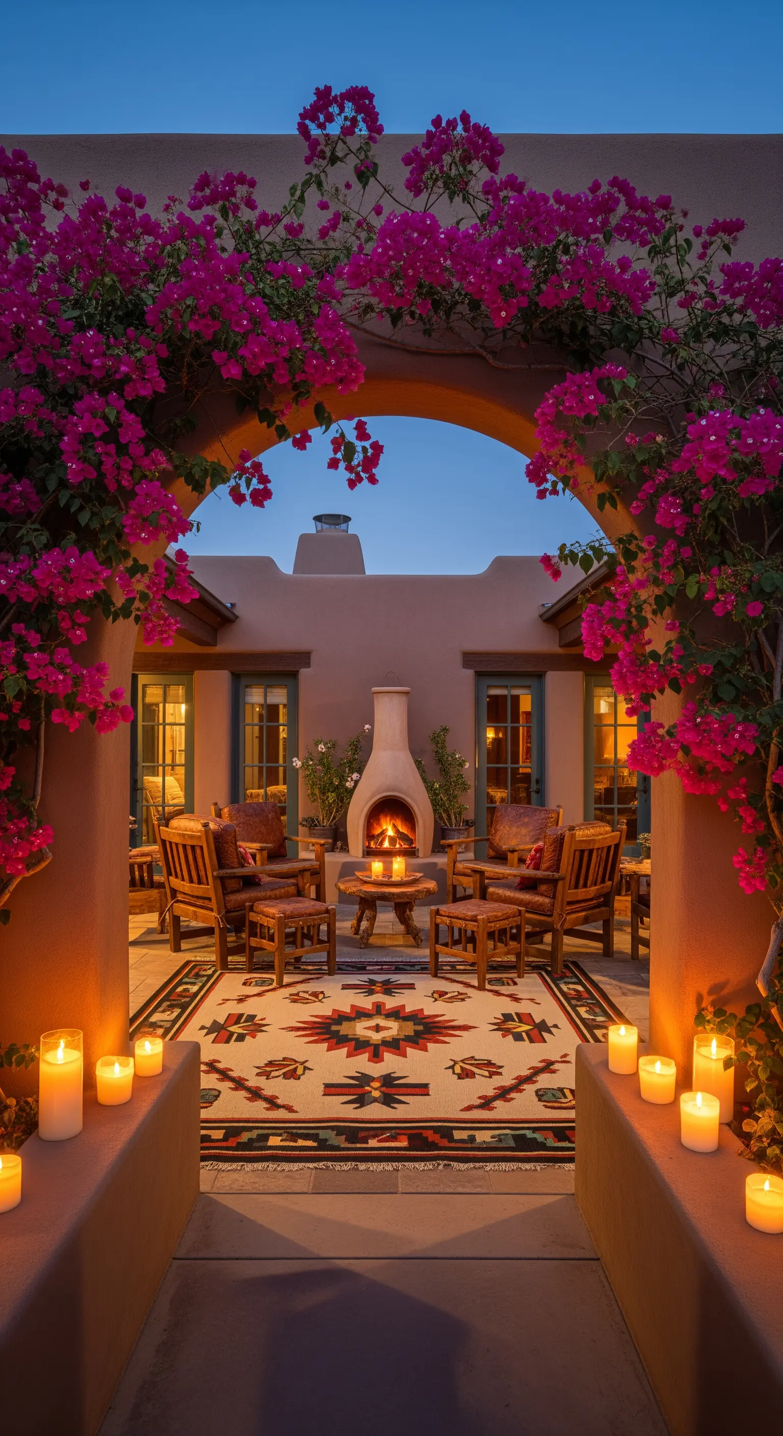Patio in stile Southwestern con camino kiva, arco di bouganville e tappeto Navajo