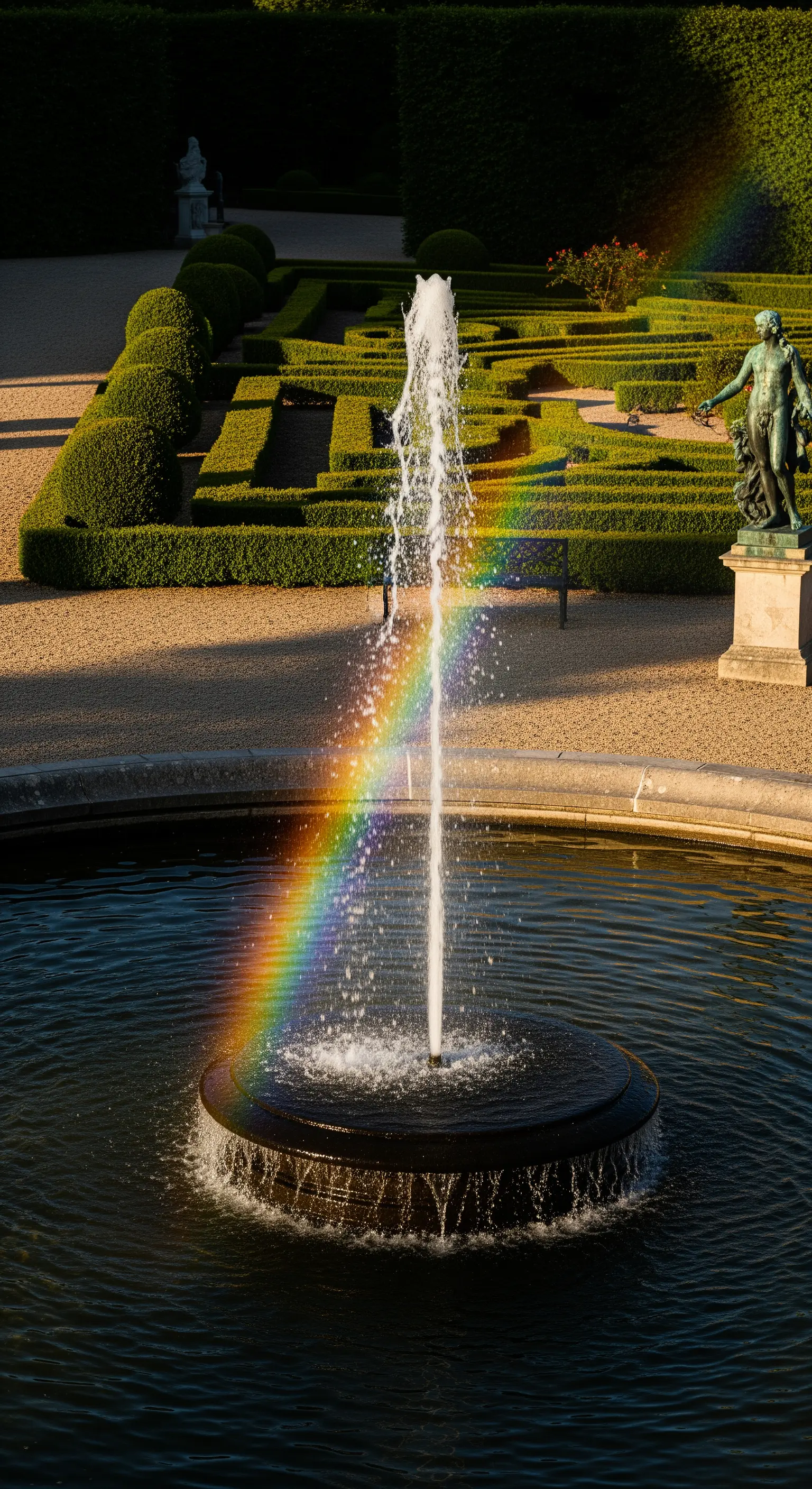 Getto d'acqua di una fontana che crea un arcobaleno con la luce del sole.