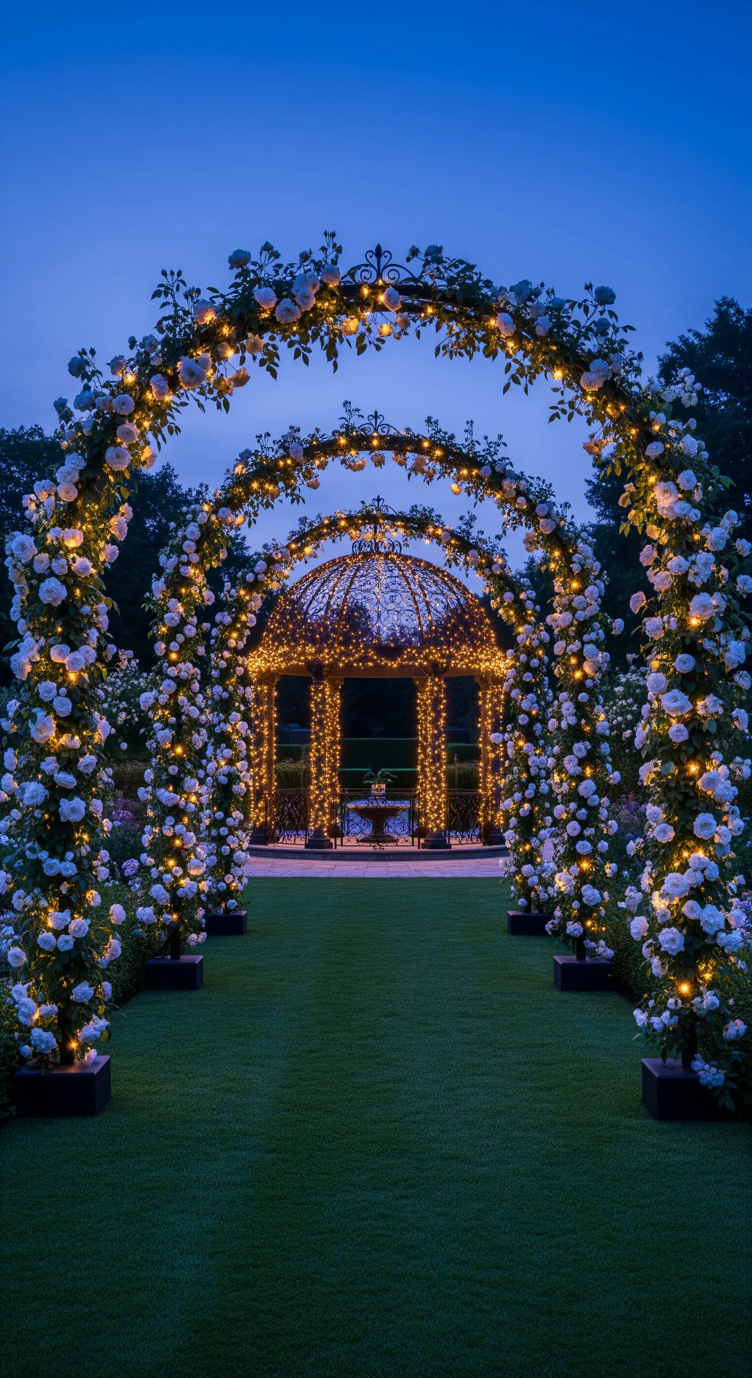 Archi di rose bianche illuminati da miriadi di lucine calde che conducono a un gazebo.