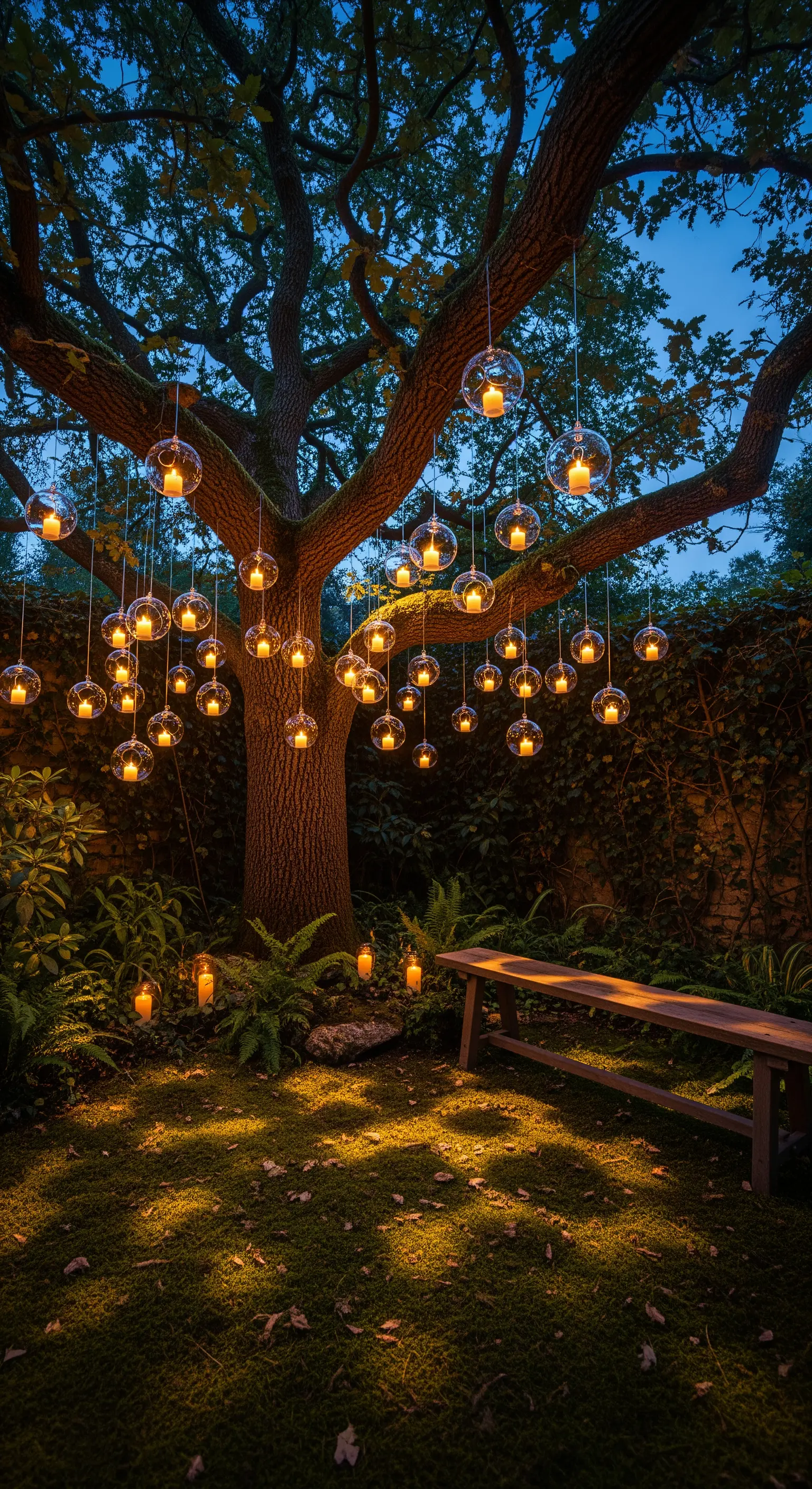 Un grande albero illuminato da decine di lanterne sferiche in vetro appese ai rami.