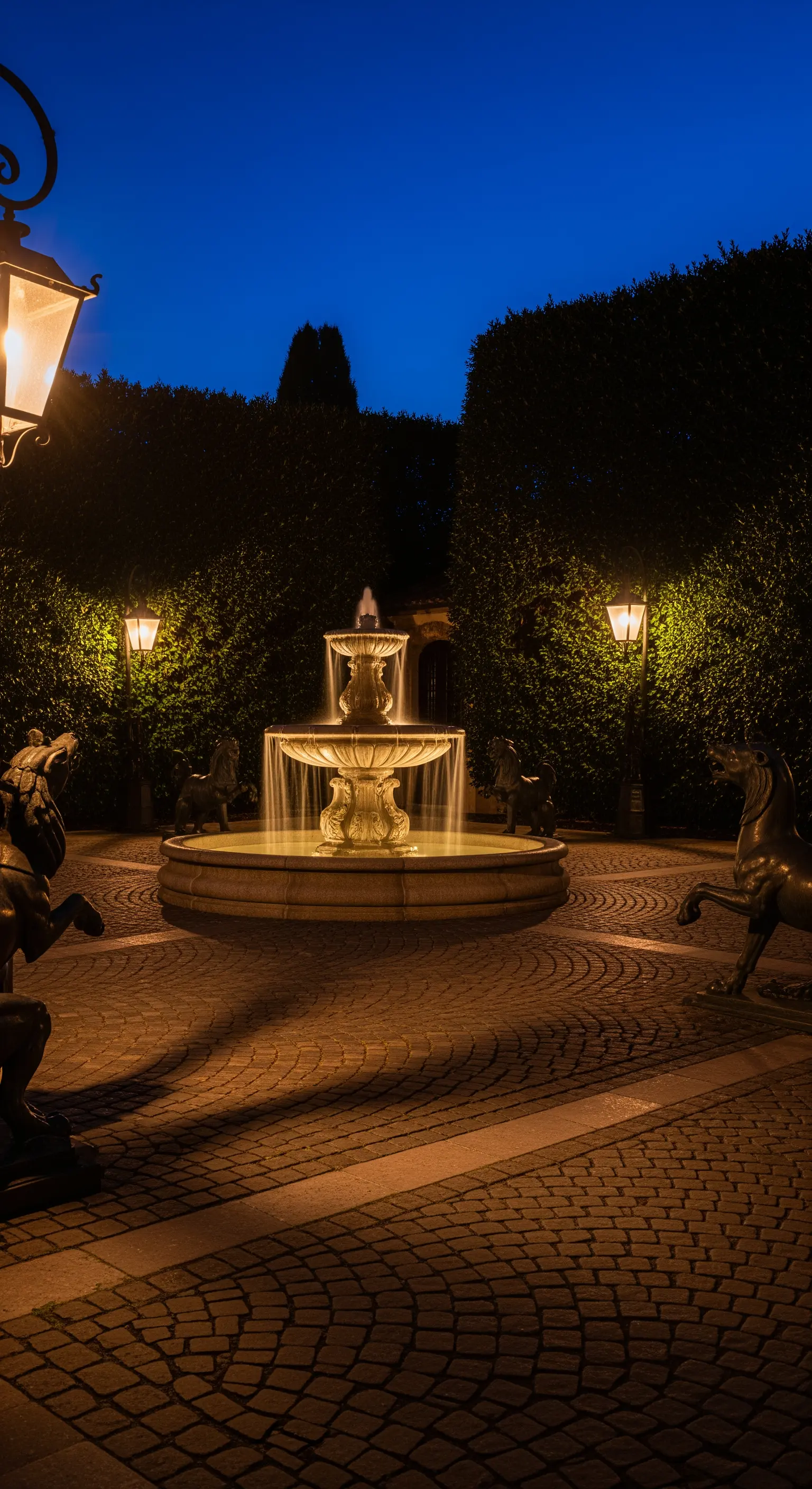 Fontana illuminata di notte, circondata da statue di cavalli in bronzo e lampioni classici.