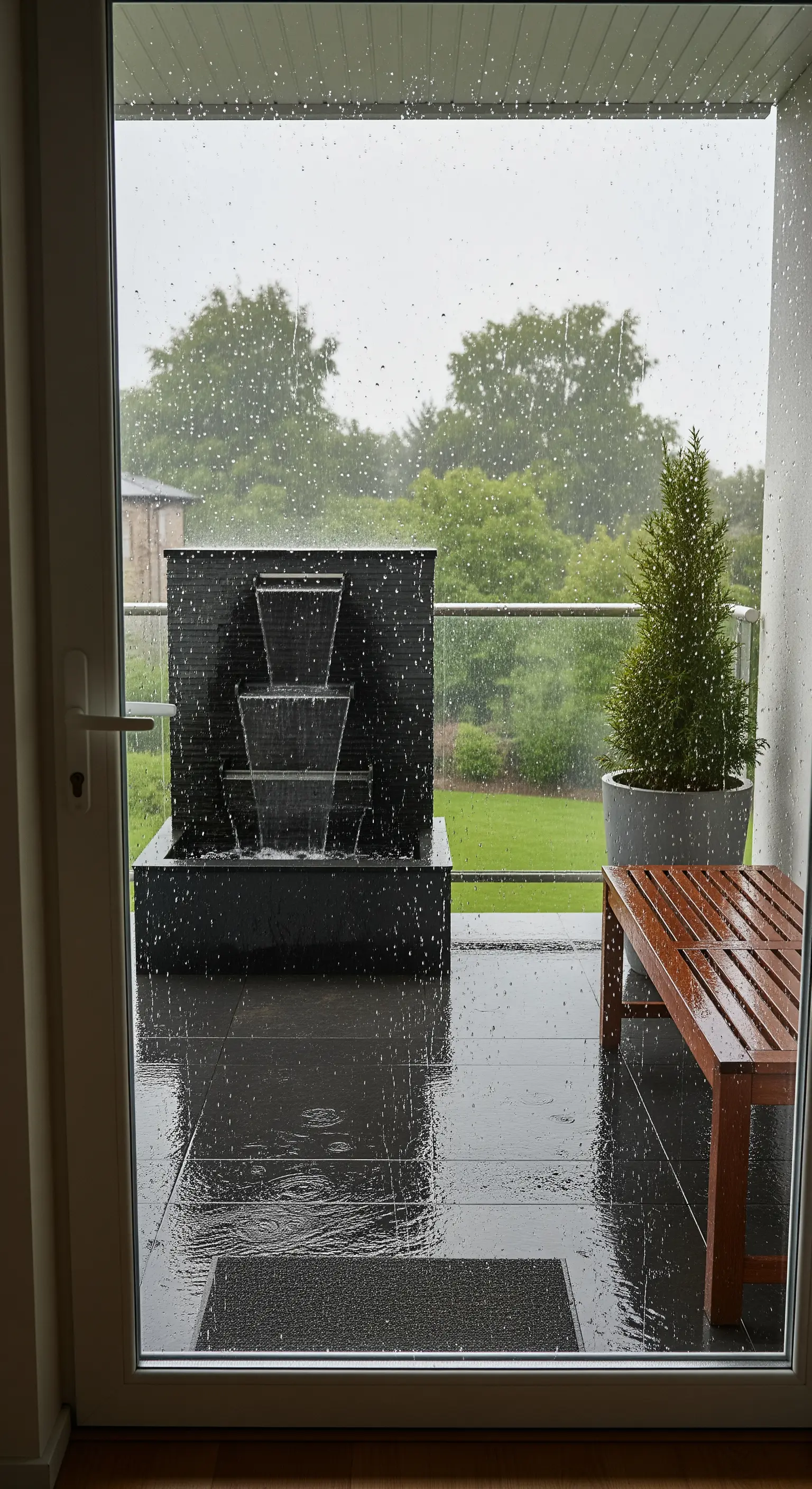 Balcone con pavimento in ardesia scura e fontana a cascata sotto la pioggia.