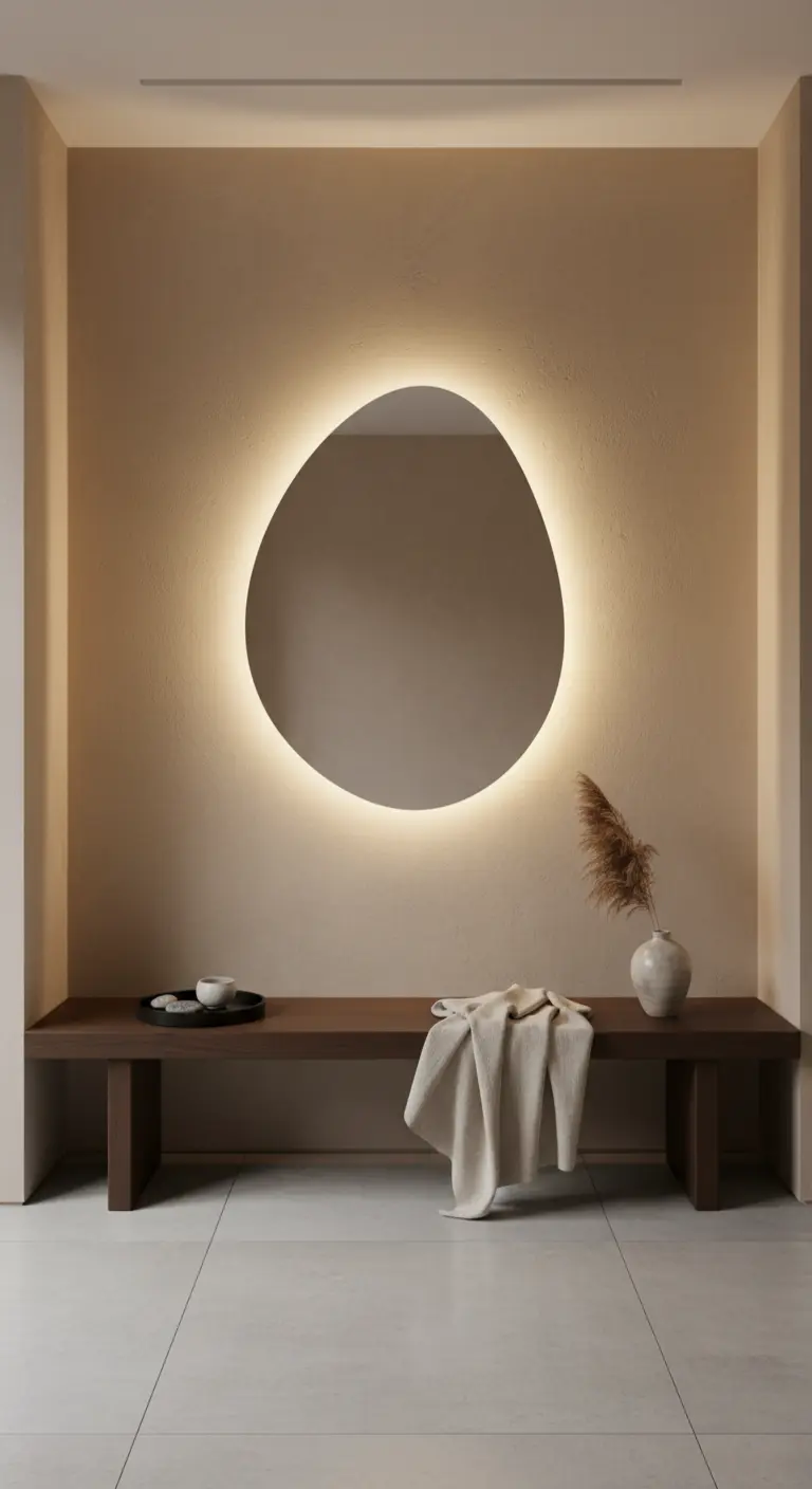 Specchio retroilluminato di forma organica su parete beige con panca in legno scuro.