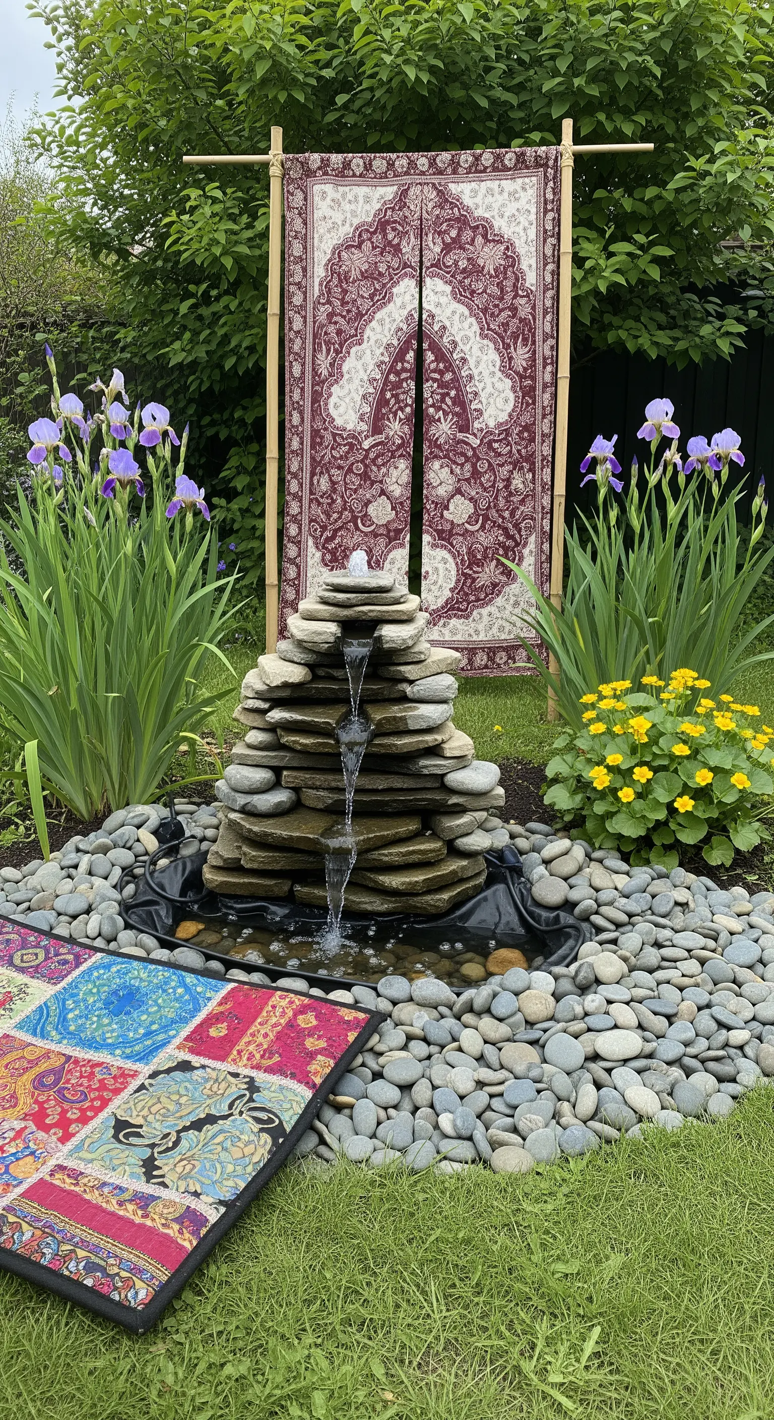 Piccola fontana a cascata in un giardino, con un telo decorativo sullo sfondo e fiori di iris.
