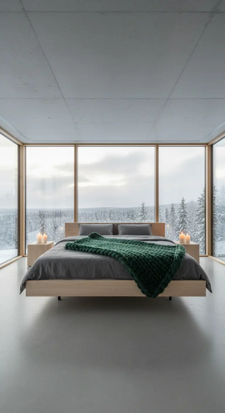 Camera da letto moderna con pareti in vetro che si affacciano su una foresta innevata e coperta verde.