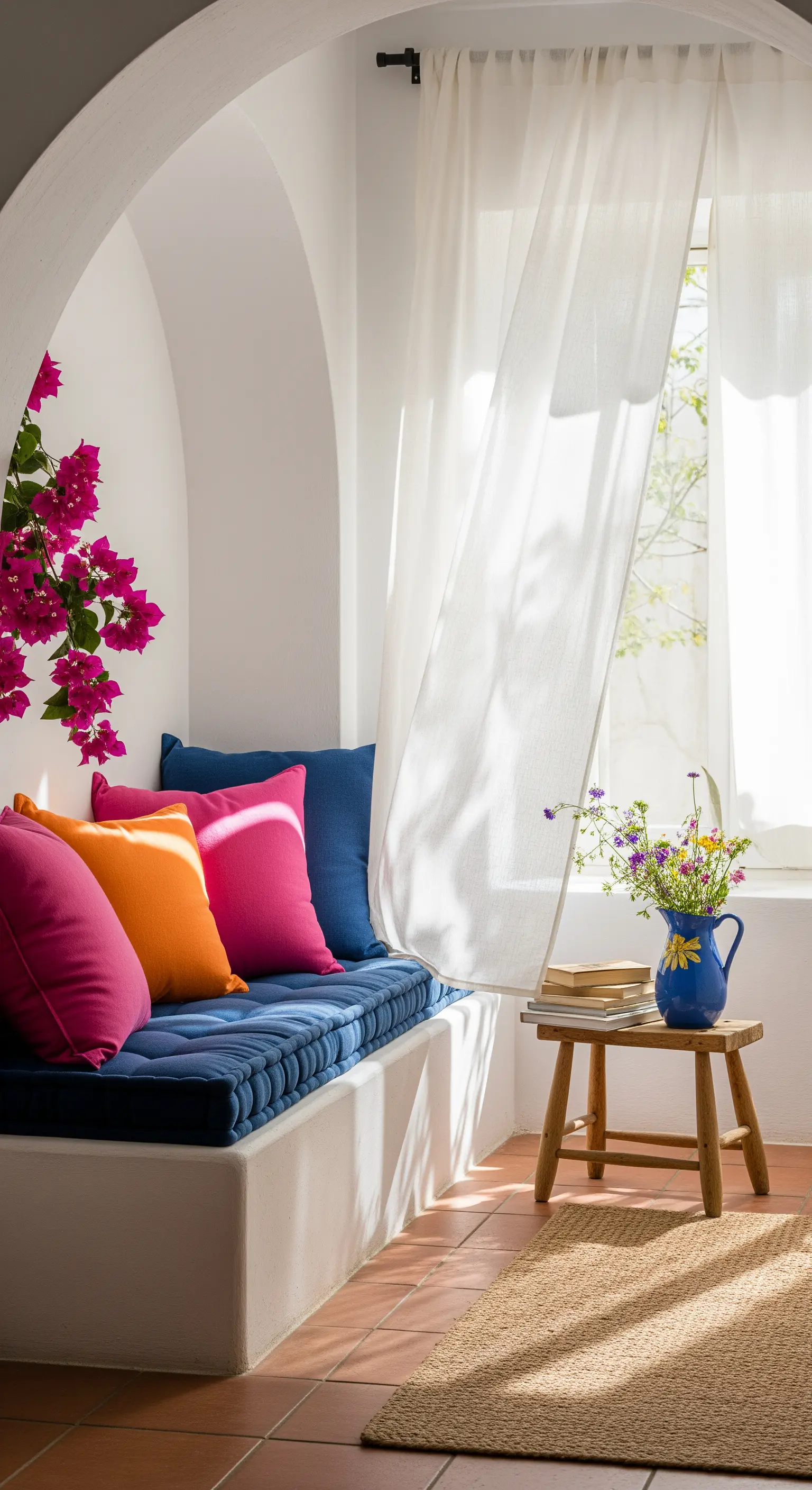 Nicchia ad arco con panca in muratura, cuscini fucsia e blu e una tenda bianca leggera.