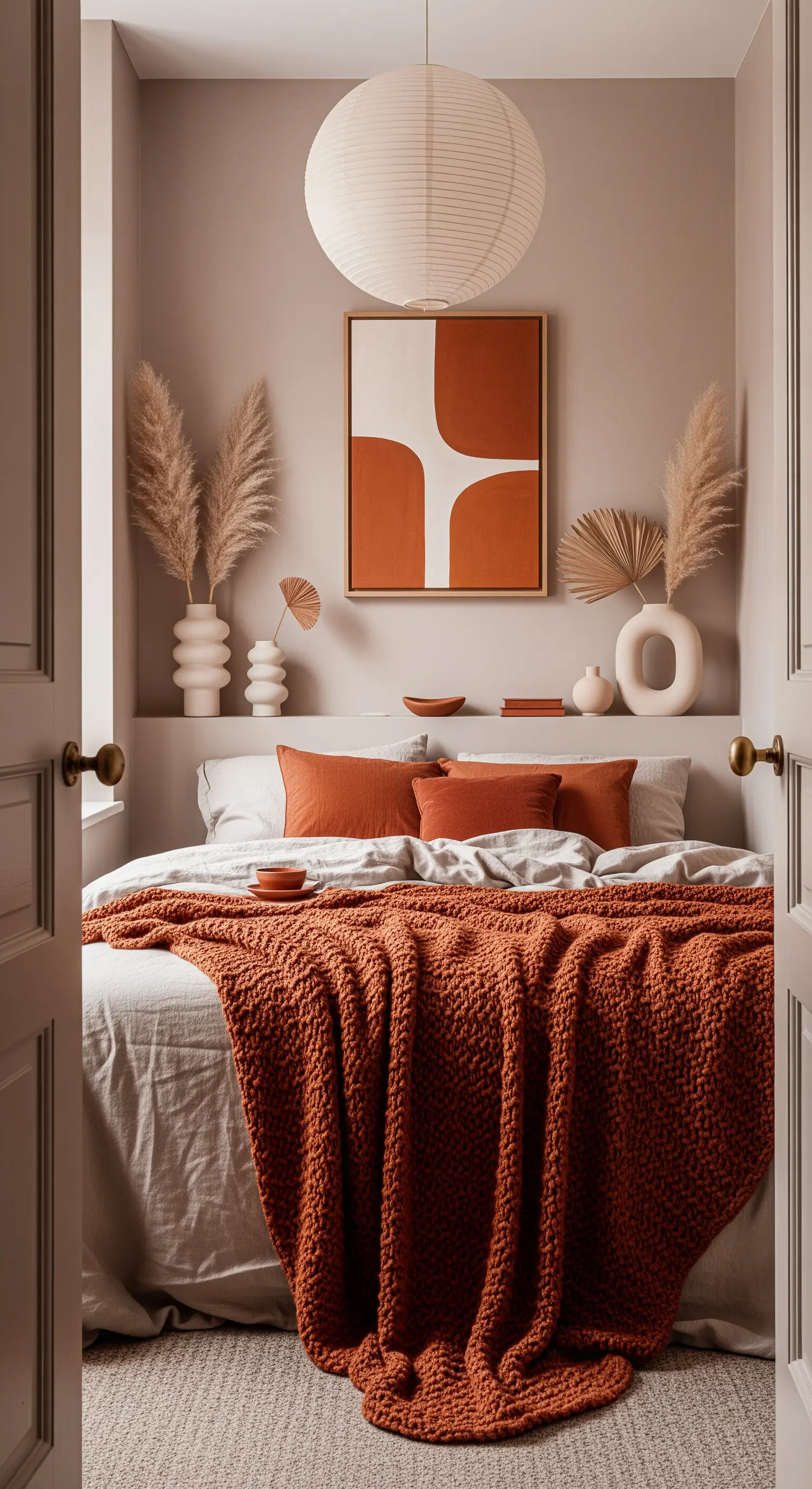 Letto in una nicchia color talpa con cuscini e plaid color terracotta.
