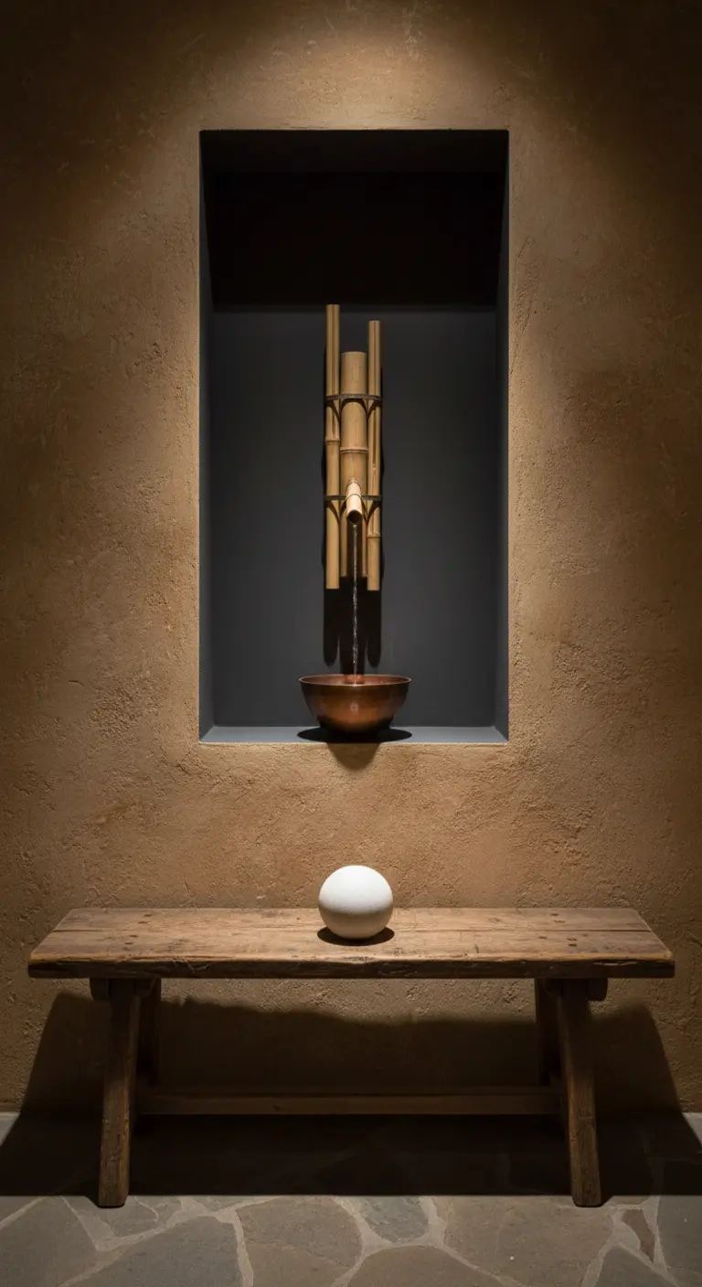 Nicchia a muro con fontana in bambù e ciotola in rame, illuminata da un faretto.