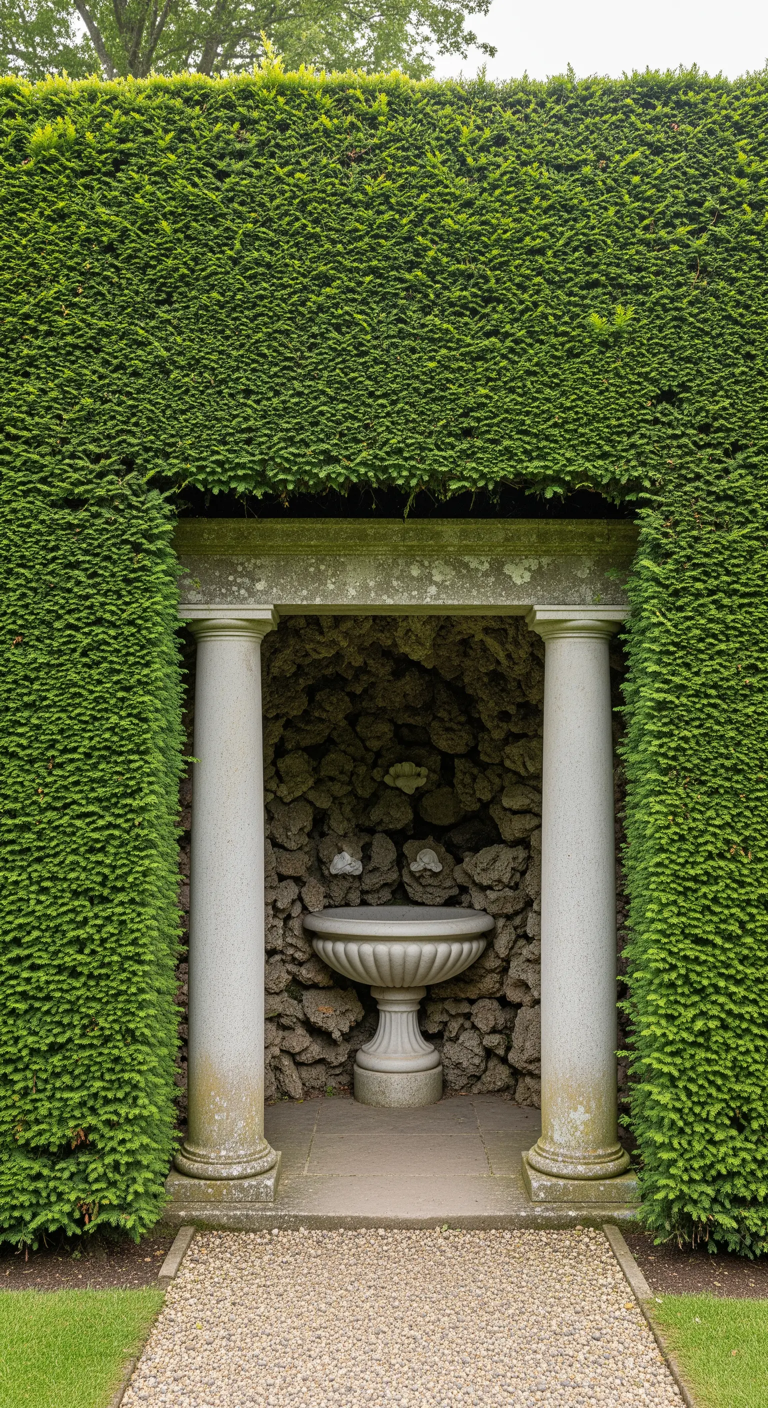 Nicchia creata in una siepe alta, con due colonne e una vasca in pietra.
