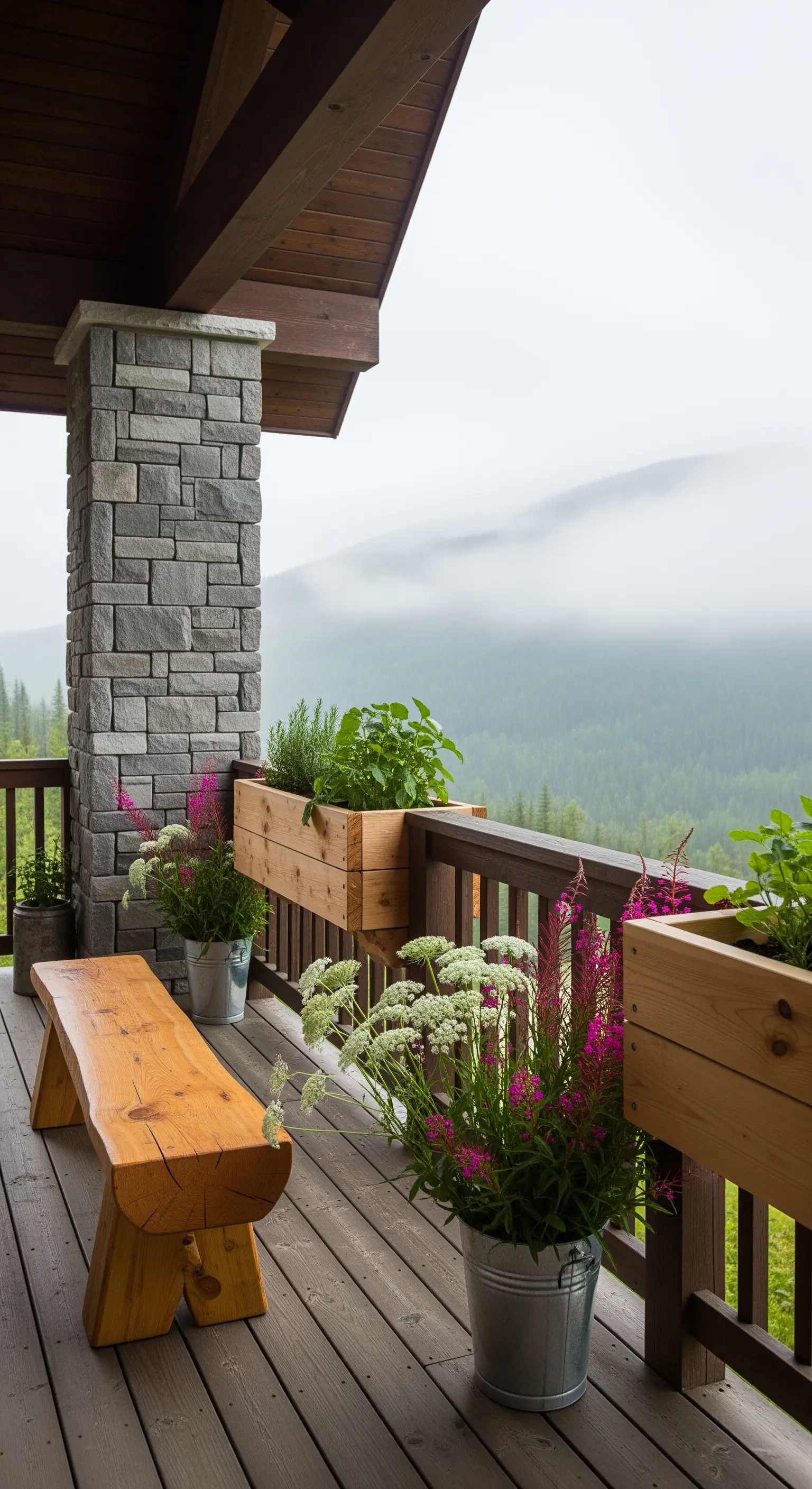 Panca in legno massiccio su una veranda con vista sulle montagne e fioriere appese alla ringhiera.