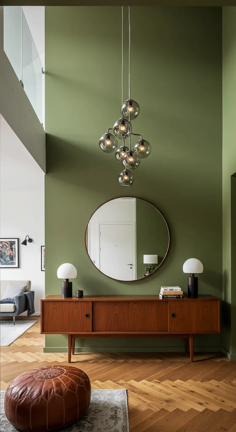 Parete verde a doppia altezza con credenza in teak, specchio rotondo e lampadario a grappolo.