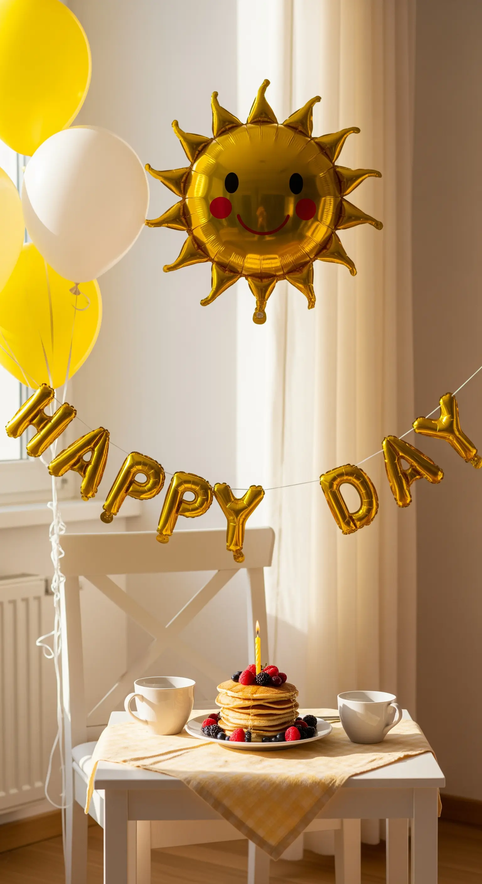 Angolo colazione di compleanno con pancake, palloncini gialli e scritta 'Happy Day'.