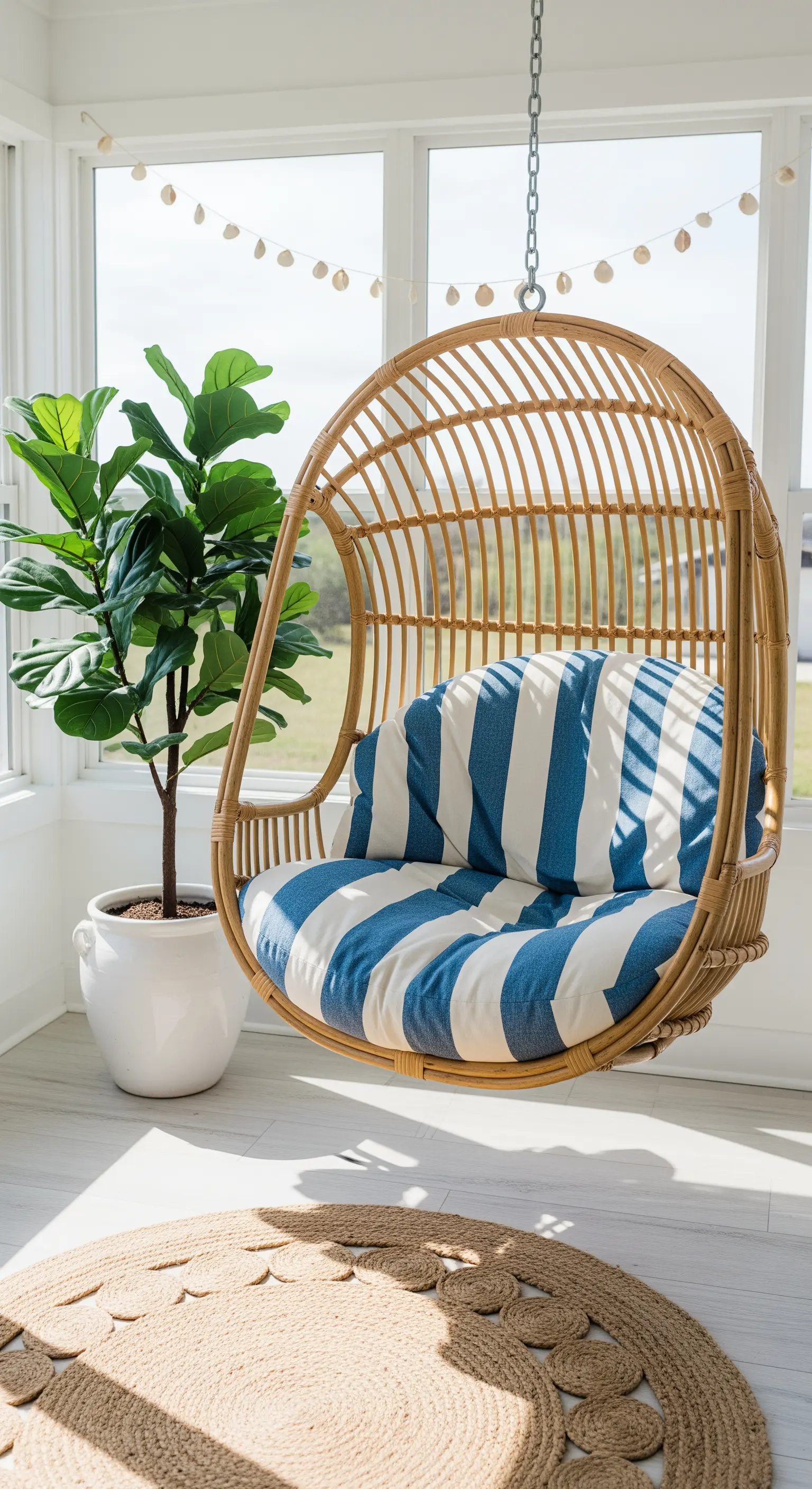 Poltrona sospesa in rattan con cuscino a righe blu in un angolo soleggiato con una pianta.