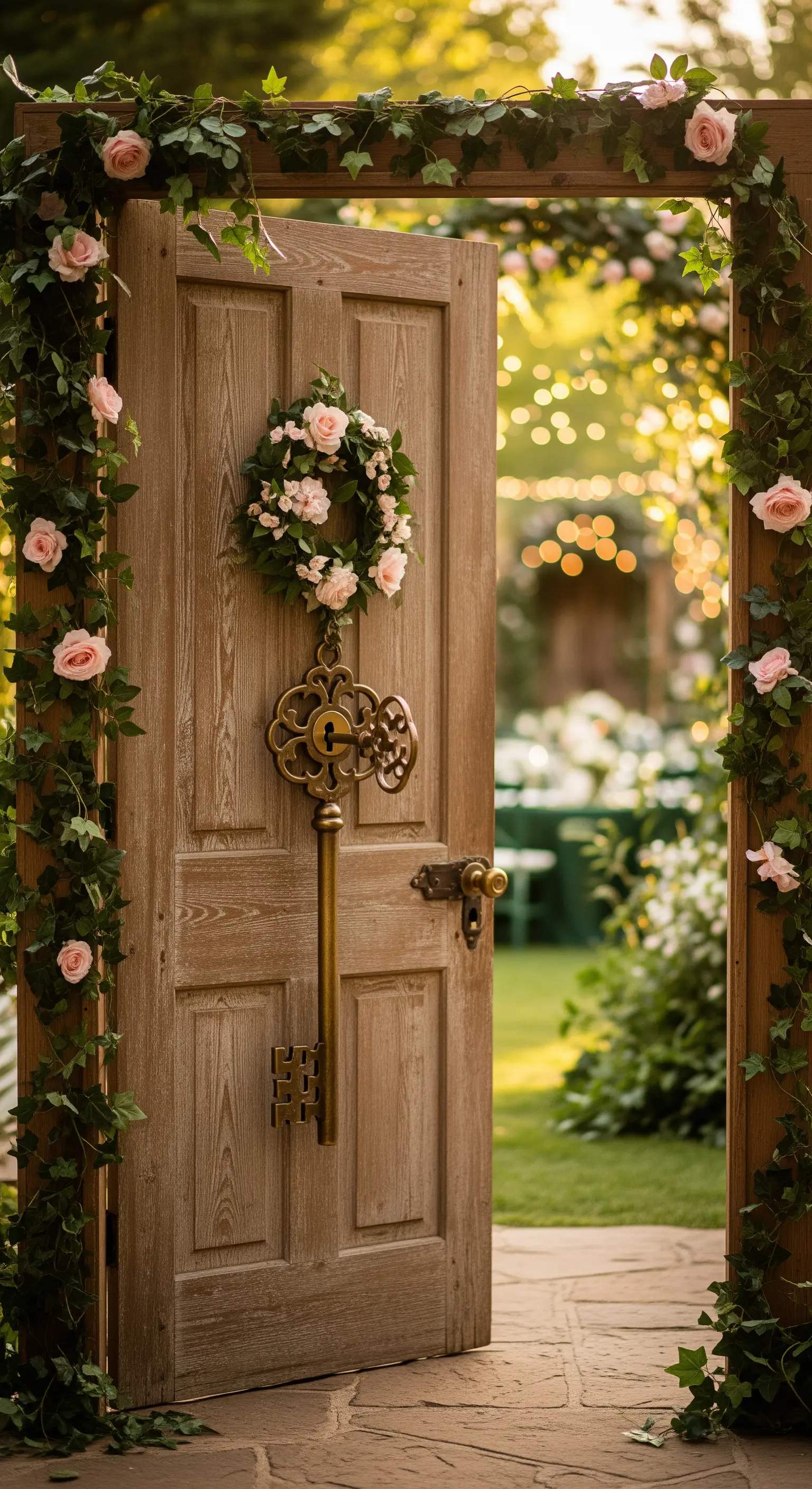 Vecchia porta di legno decorata con rose e una grande chiave, aperta su un giardino in festa.