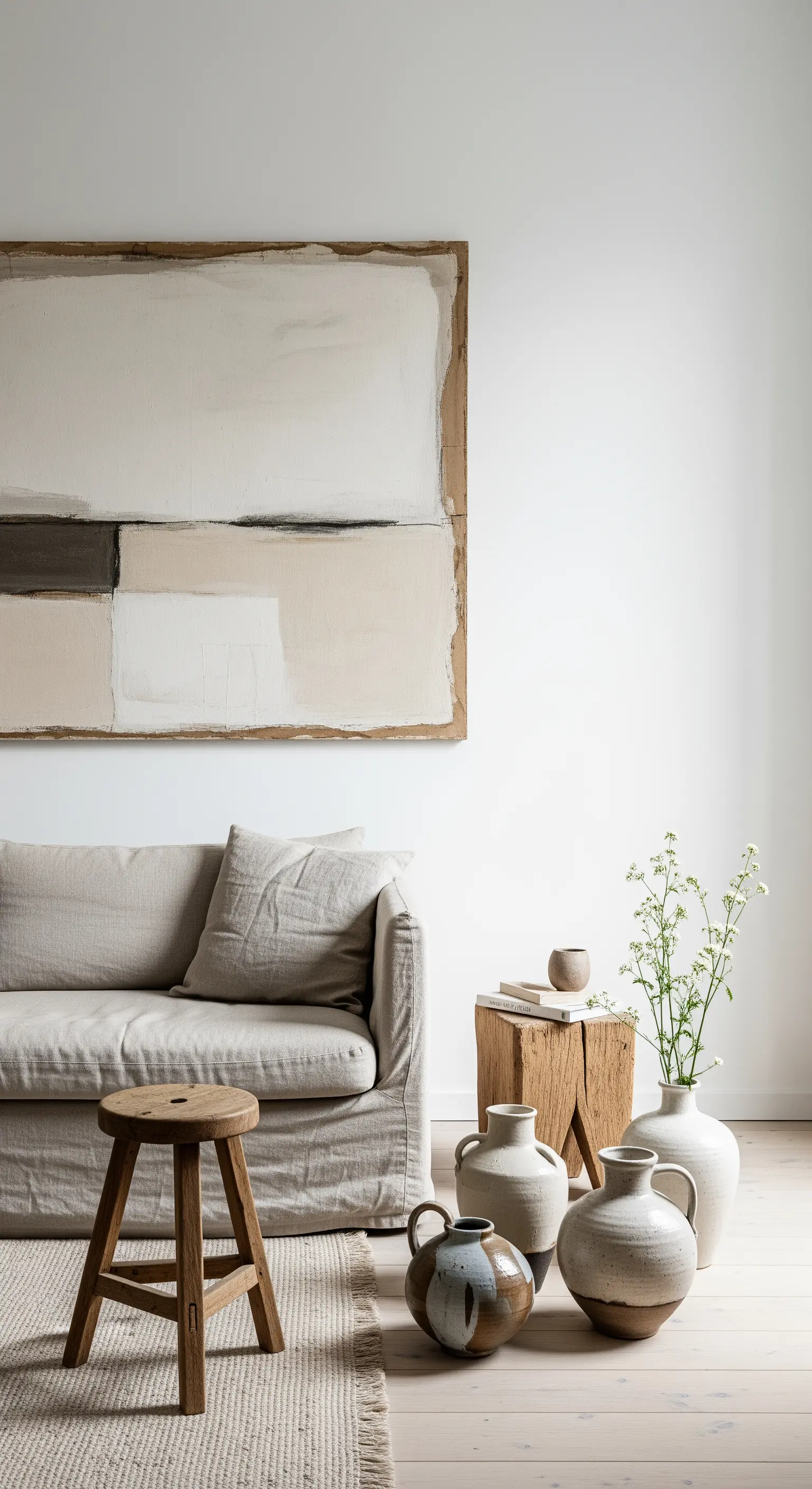Soggiorno minimalista con quadro astratto neutro, divano in lino e oggetti in legno grezzo.
