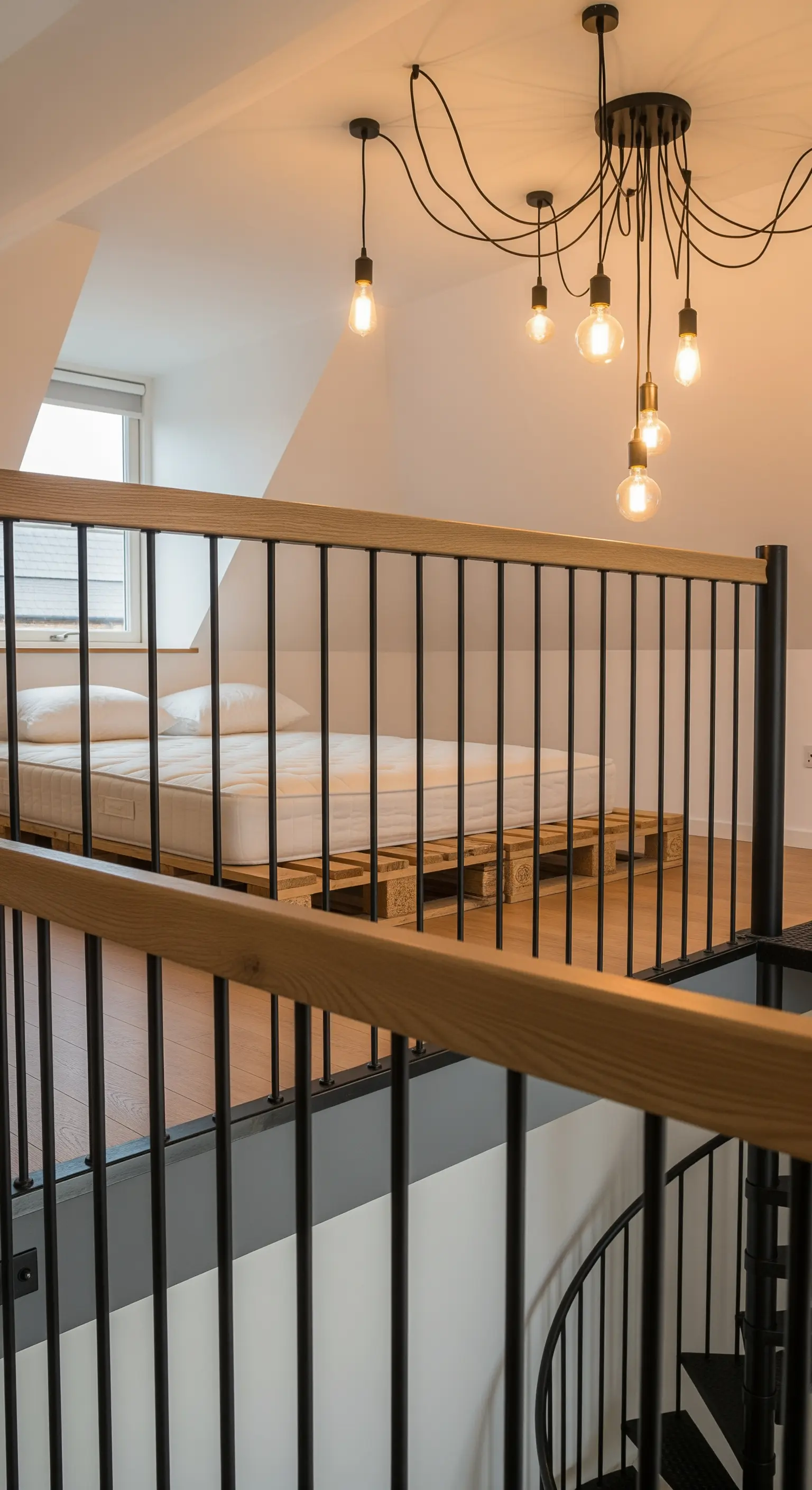 Soppalco con letto su pallet, ringhiera in metallo nero e legno, e lampadario a ragno.