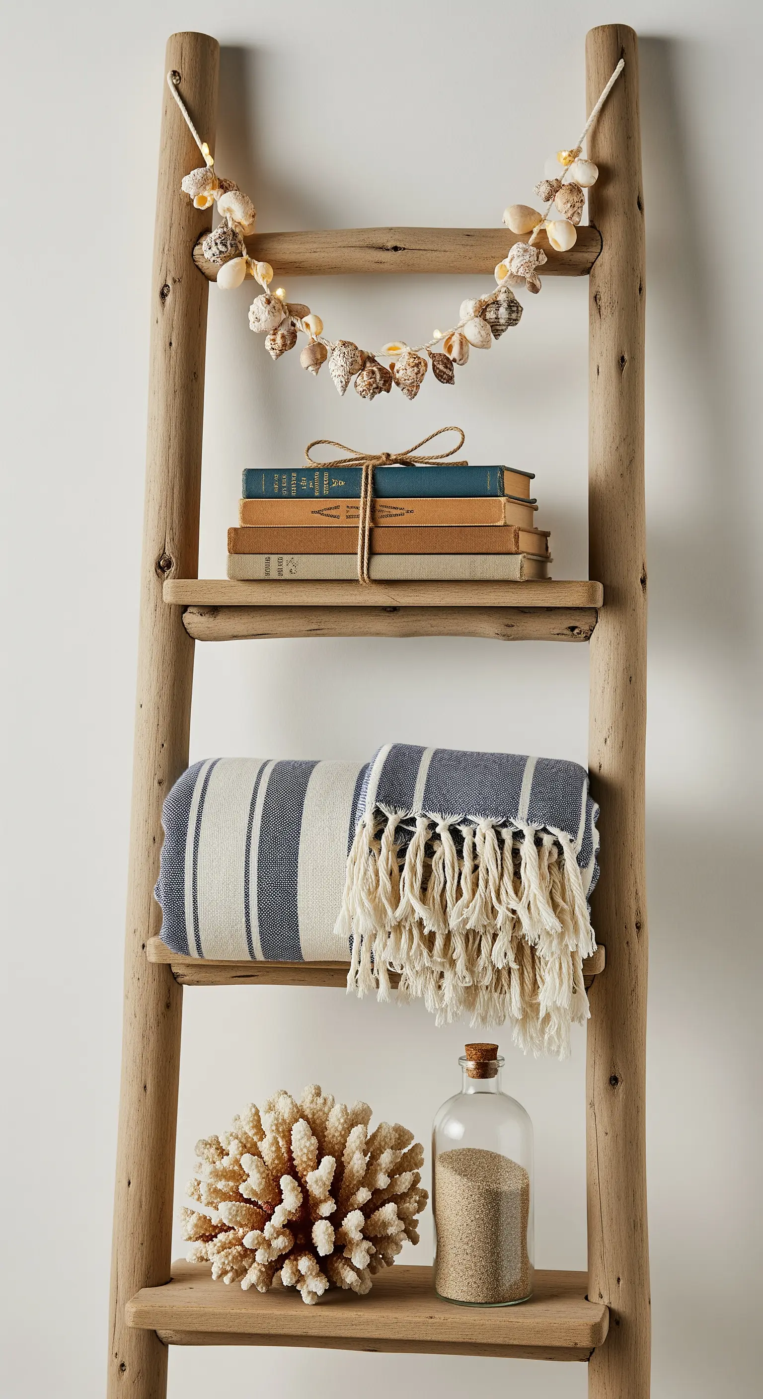 Scala decorativa in legno con libri, un telo a righe e una ghirlanda di conchiglie.