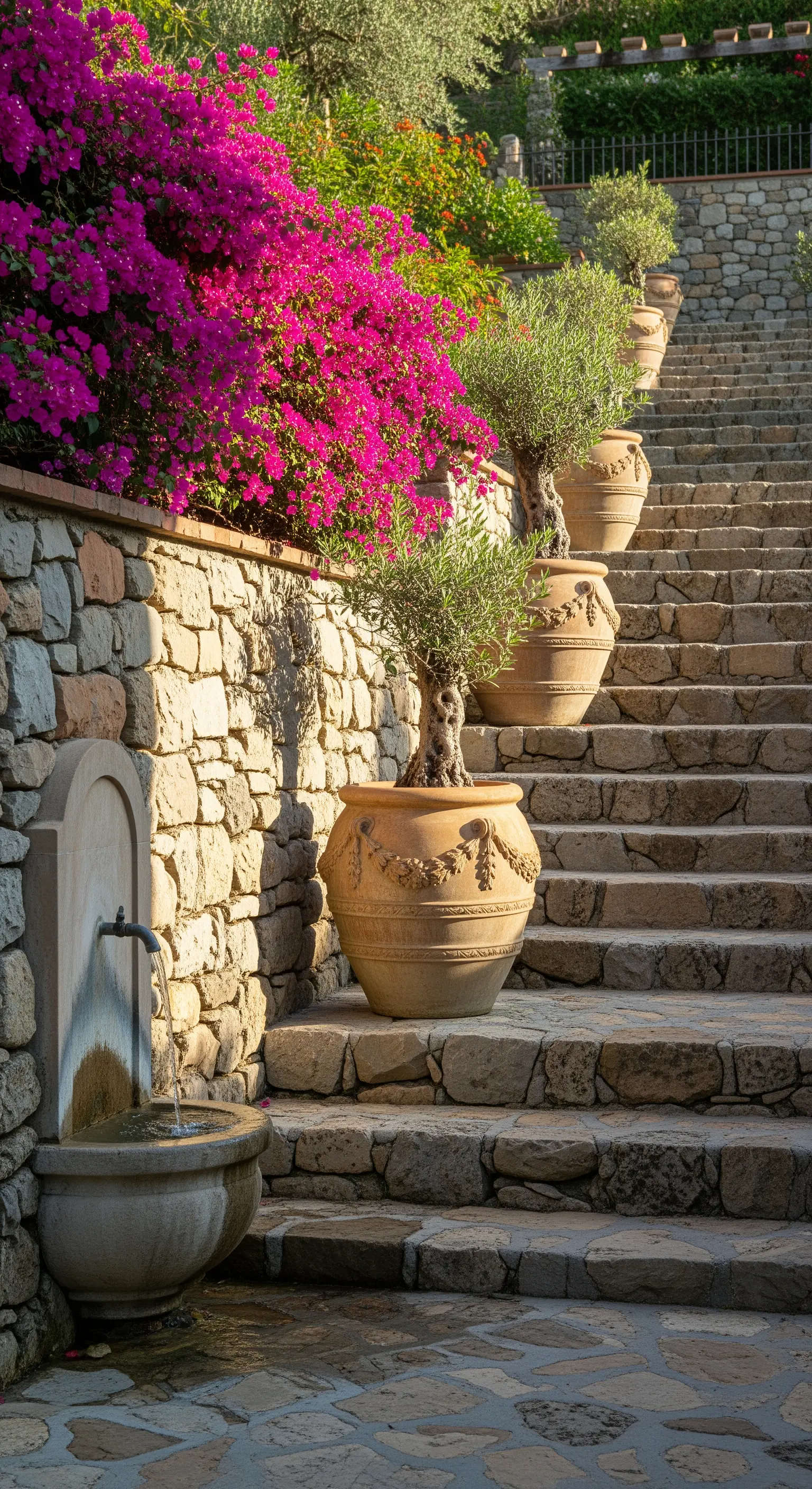 Scalinata in pietra con grandi vasi di ulivi e una cascata di bouganville fucsia.