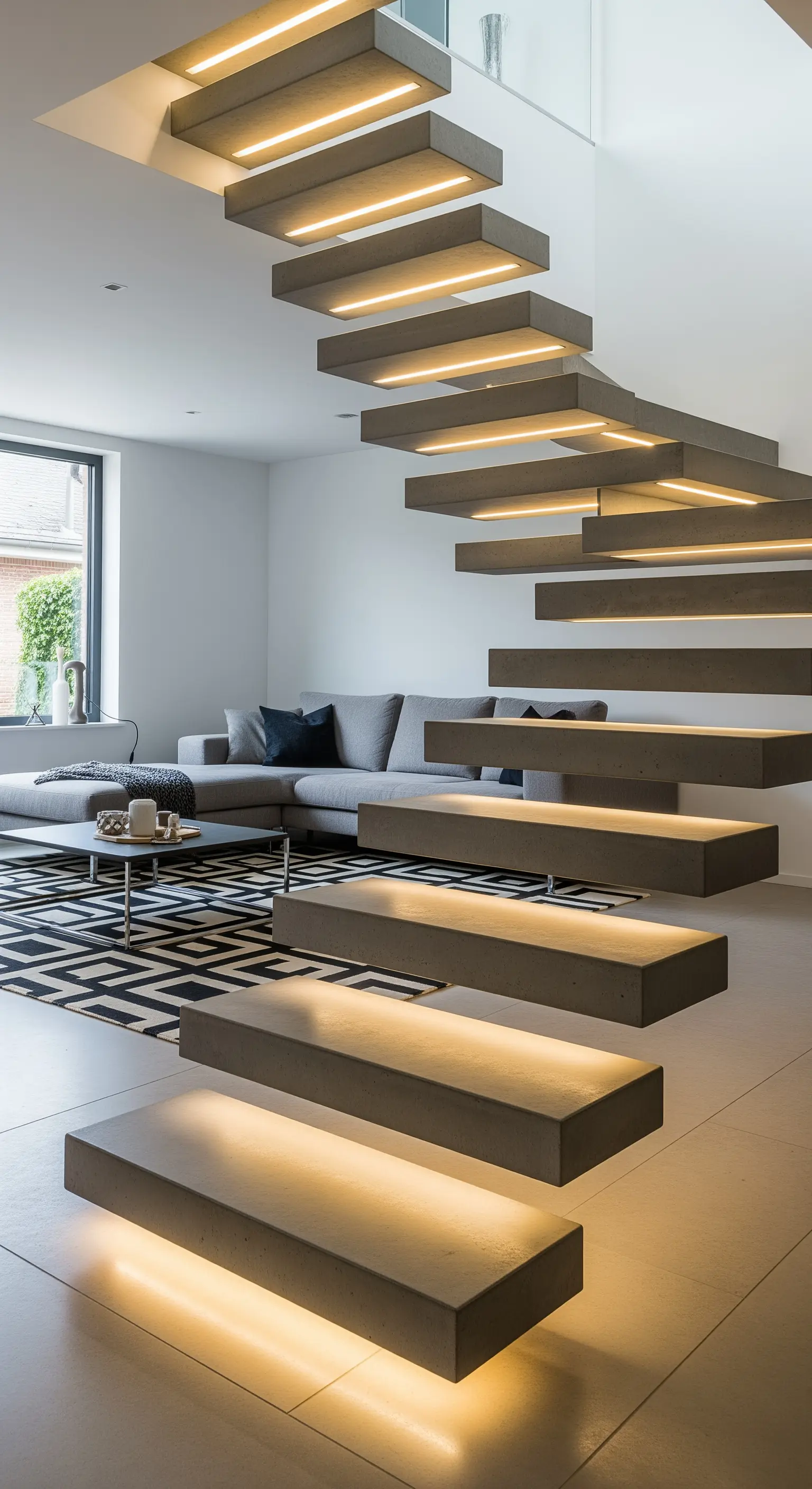Scala a sbalzo con gradini effetto cemento, ognuno illuminato da una striscia LED sottostante.
