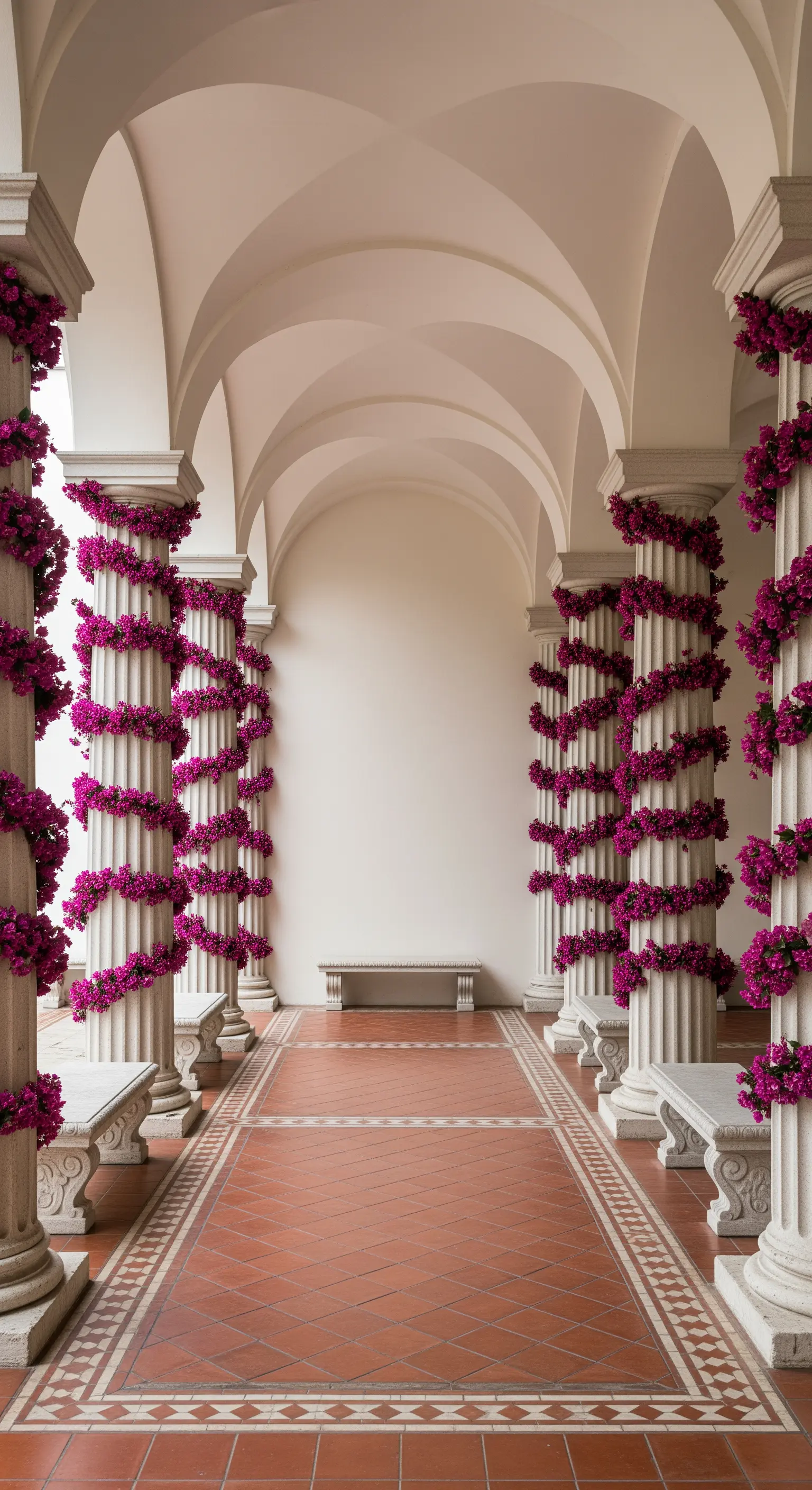Lungo corridoio con colonne decorate da ghirlande di bouganville viola a spirale