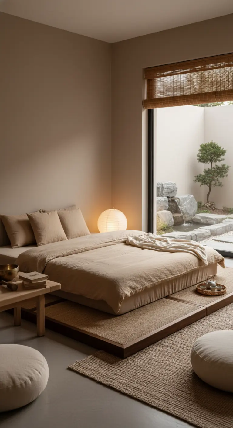 Stanza in stile giapponese con letto basso su pedana e lampada sferica in carta.