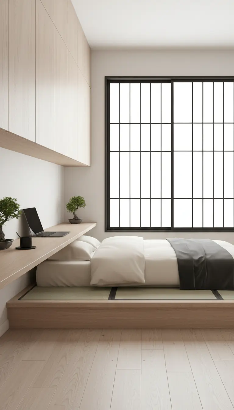 Camera da letto minimalista in stile giapponese con letto basso e scrivania sospesa in legno.