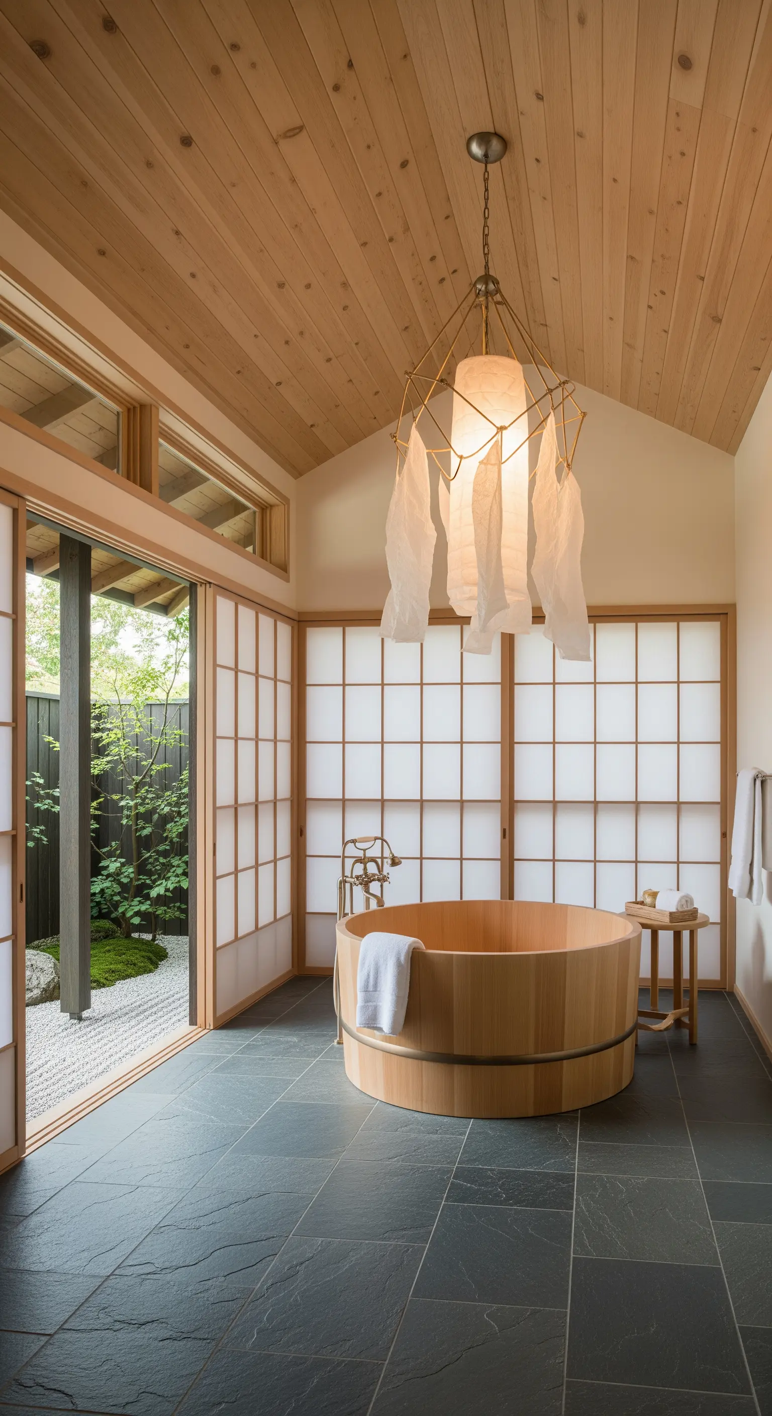 Bagno in stile giapponese con vasca in legno, pannelli shoji e lampadario in carta di riso.