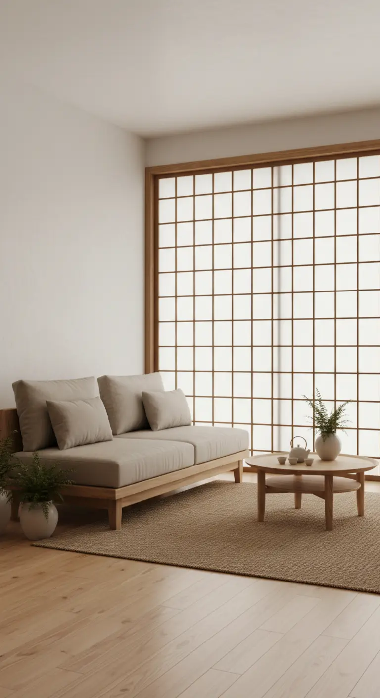 Salotto in stile Japandi con divano in legno chiaro e parete Shoji.