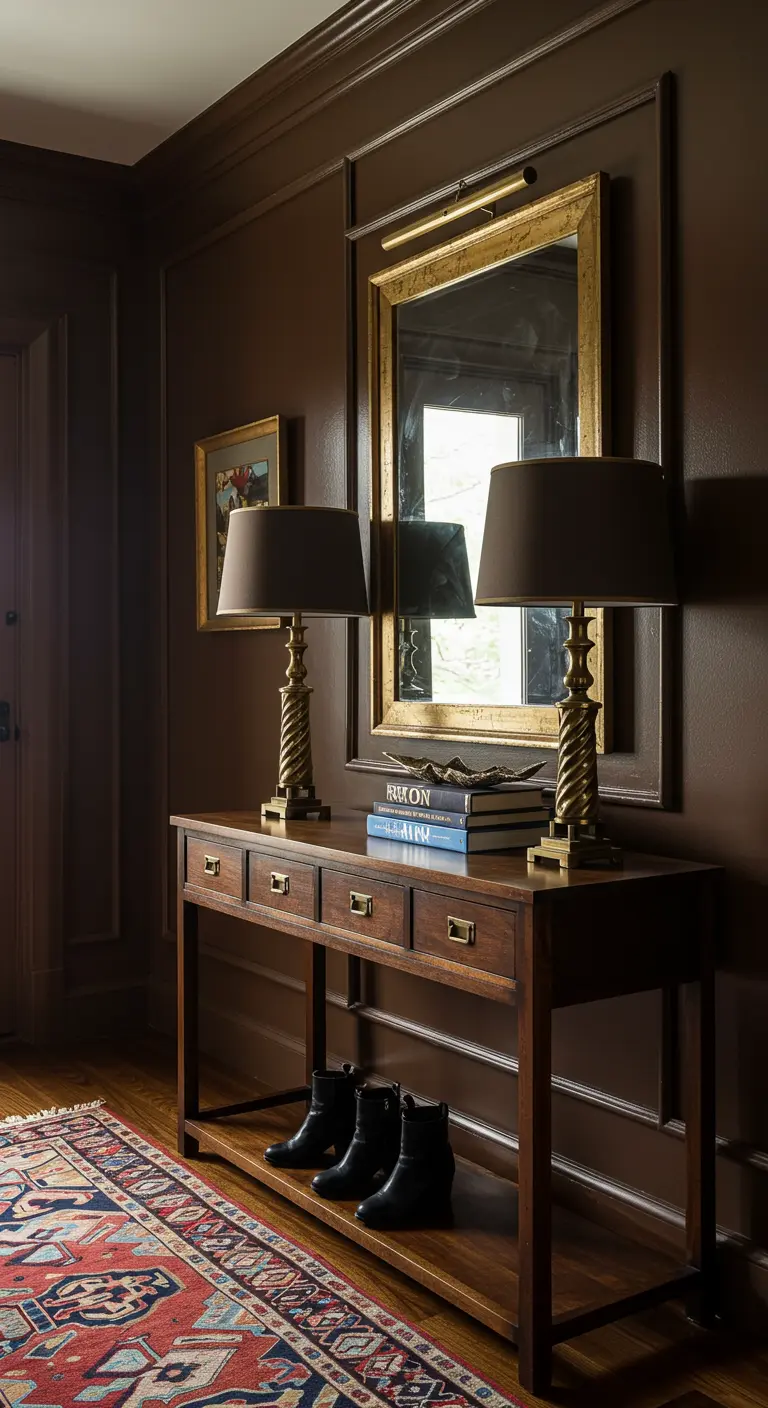 Ingresso marrone scuro con consolle, specchio dorato e due lampade da tavolo simmetriche.