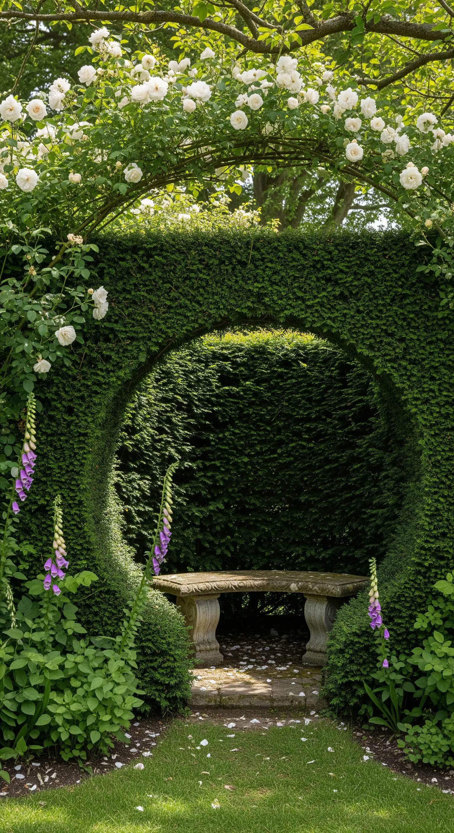 Panchina in pietra in una nicchia di siepe sormontata da un arco di rose bianche.