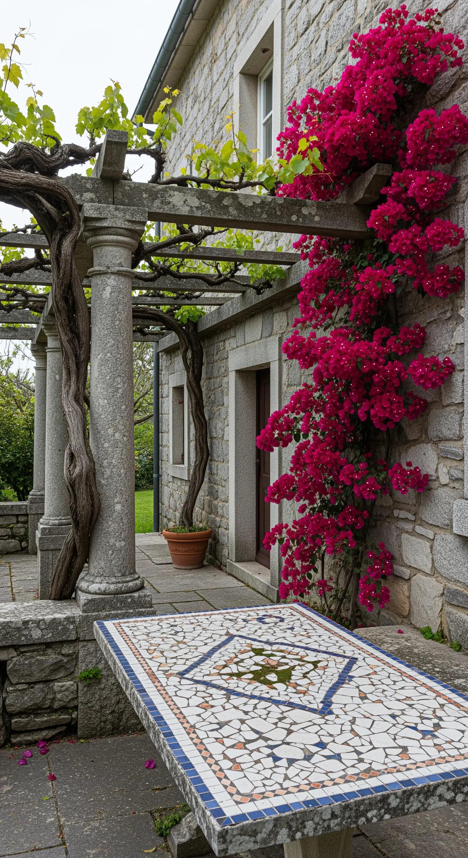 Pergolato con colonne in pietra e vite antica, tavolo in mosaico in primo piano.