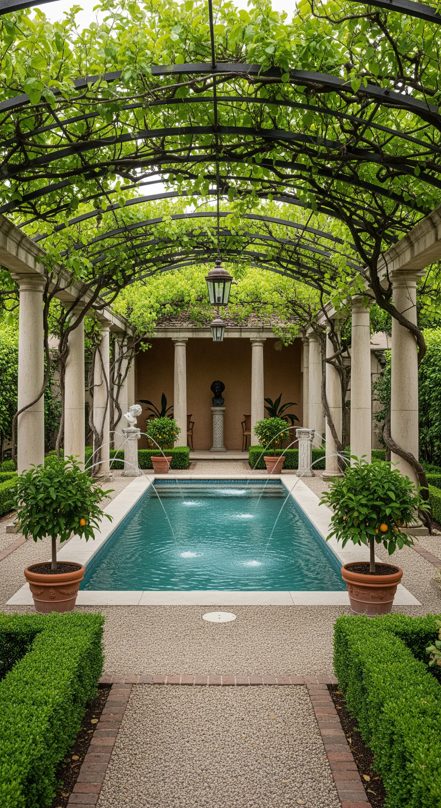 Piscina rettangolare sotto un pergolato con colonne classiche e piante rampicanti.