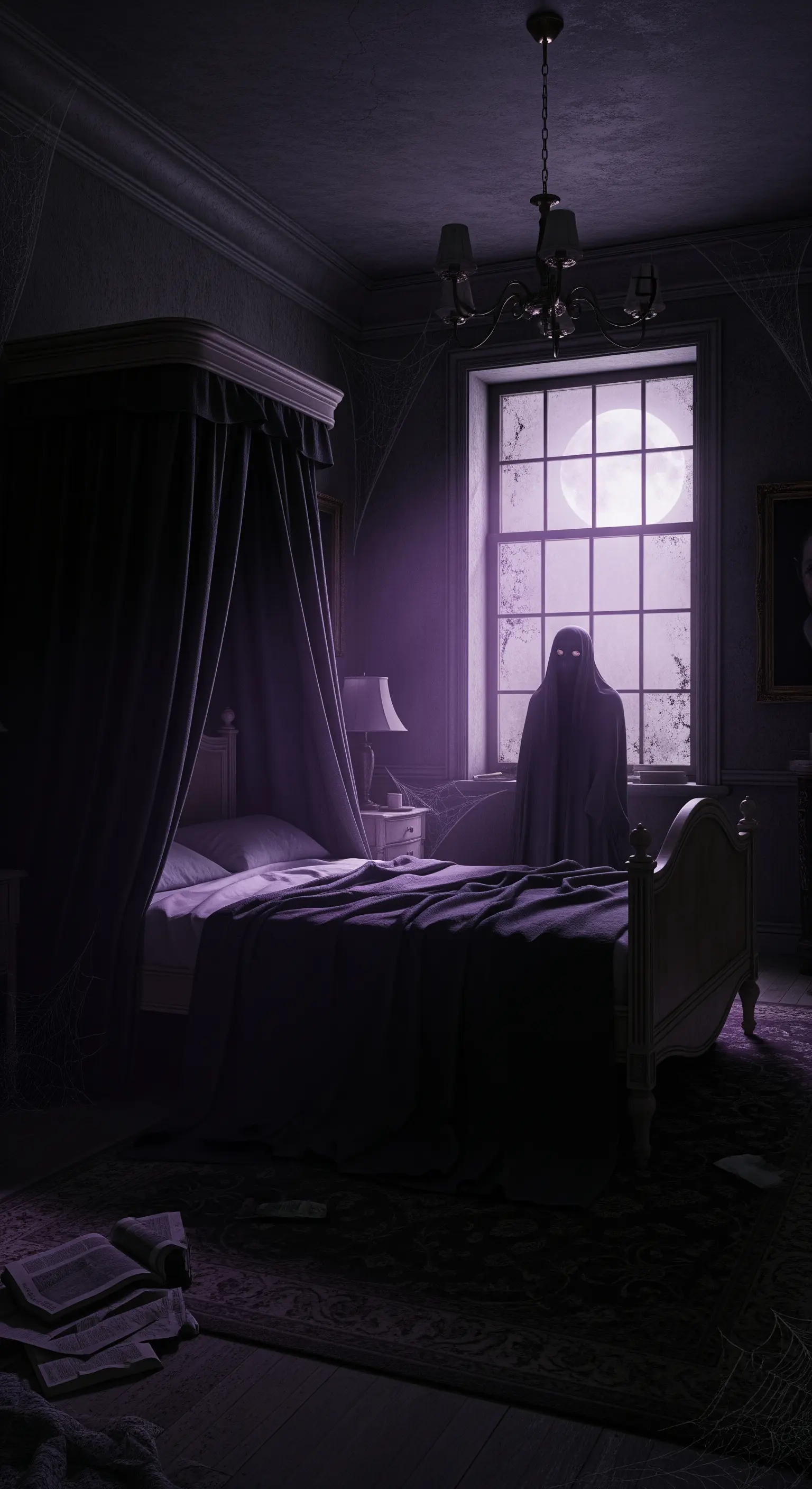 Stanza buia con letto a baldacchino e una figura spettrale alla finestra illuminata di viola.
