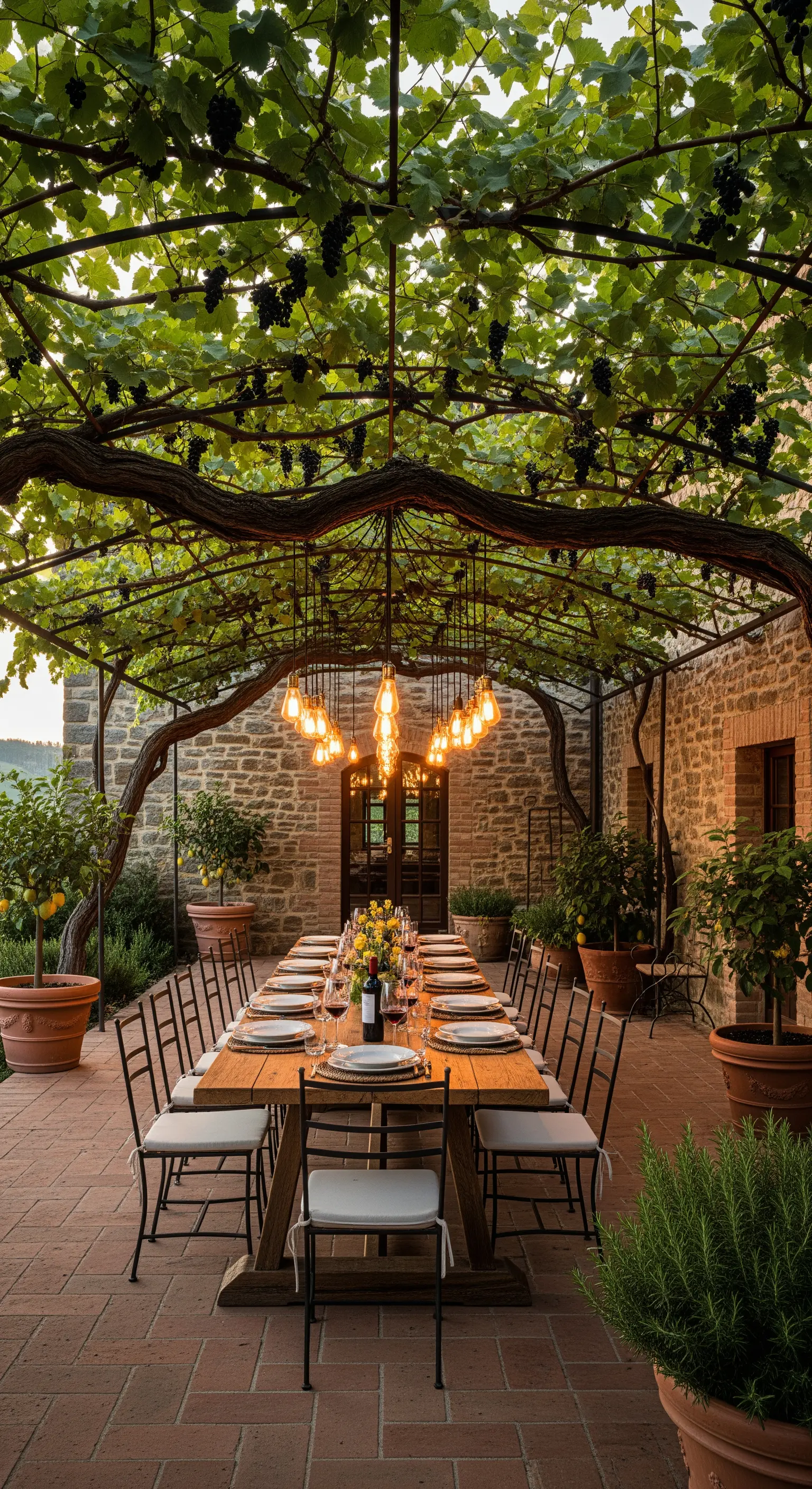 Tavolo da pranzo rustico sotto una pergola di vite con un grande lampadario caldo.
