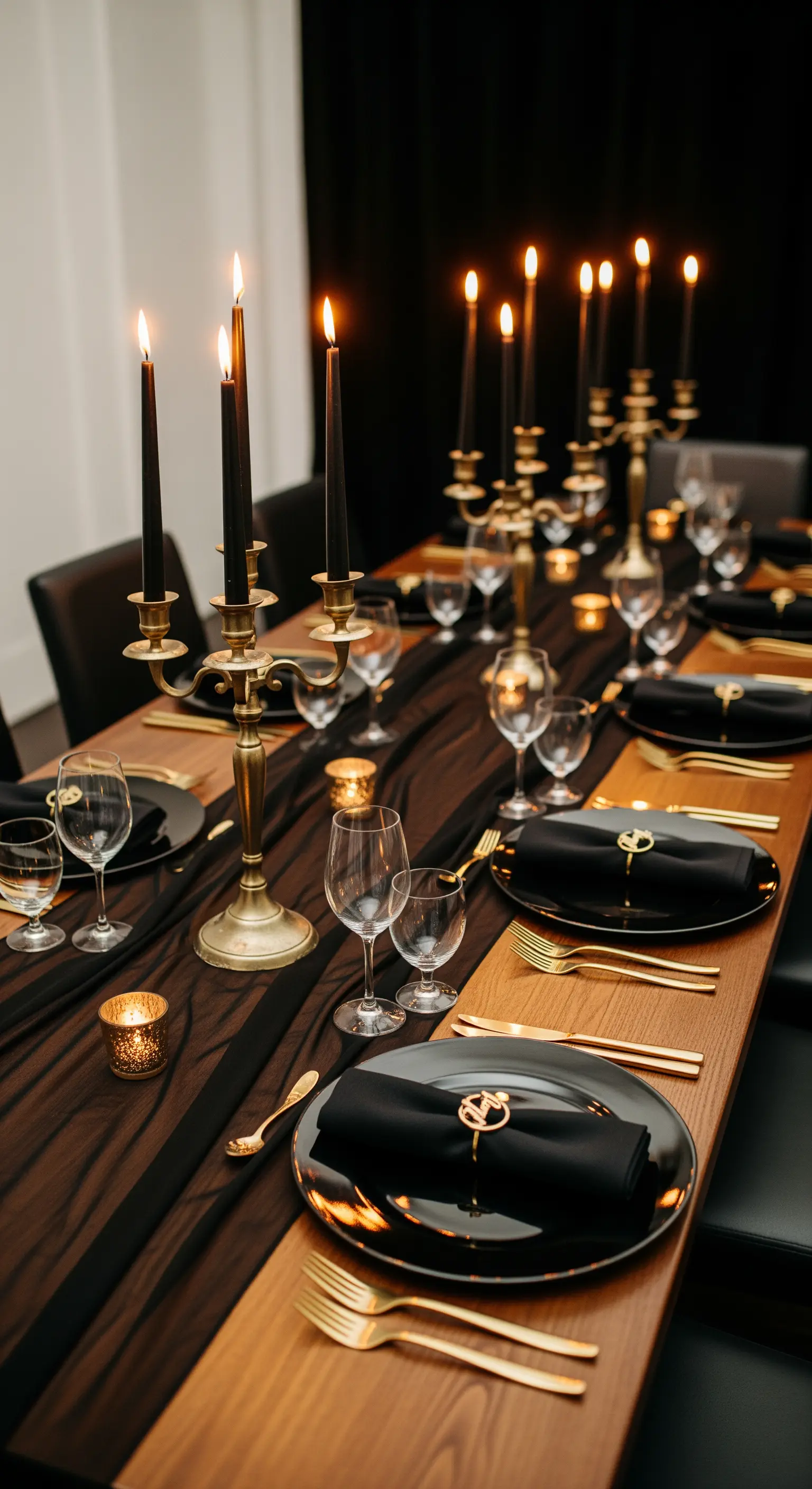 Tavola apparecchiata con piatti neri, posate oro e candelabri in ottone con candele nere.