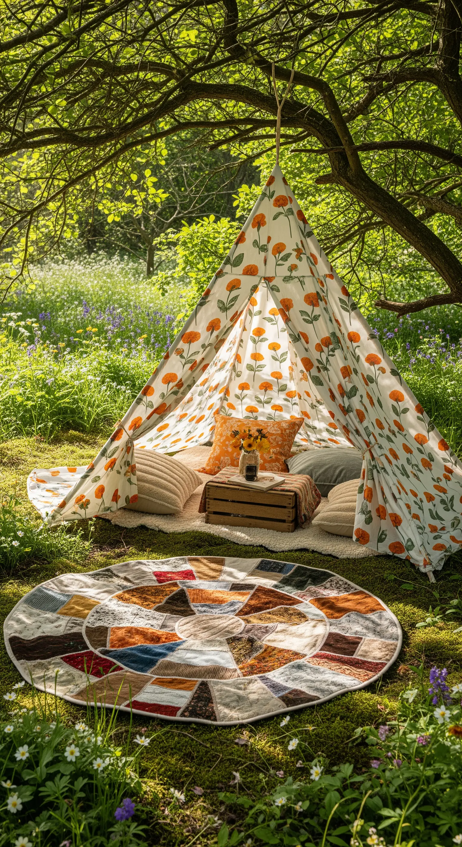 Tenda teepee con stampa floreale in un bosco, con cuscini all'interno e un tappeto patchwork rotondo.