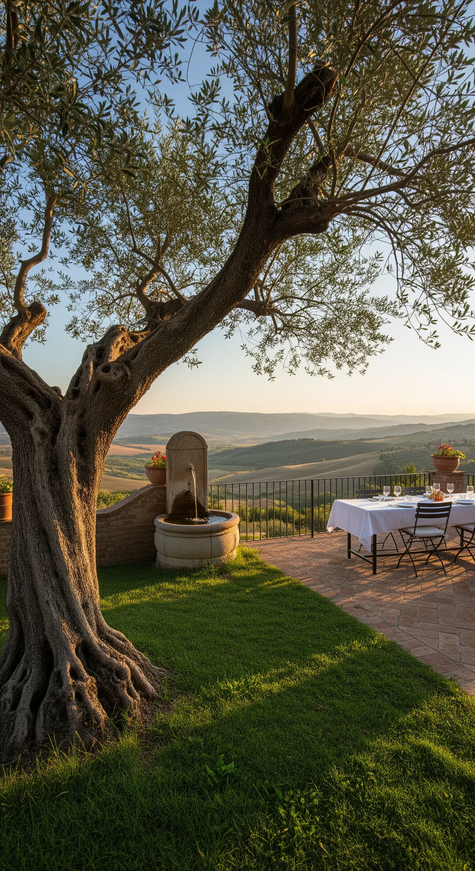Terrazza con tavolo e ulivo che si affaccia su un vasto paesaggio collinare toscano.