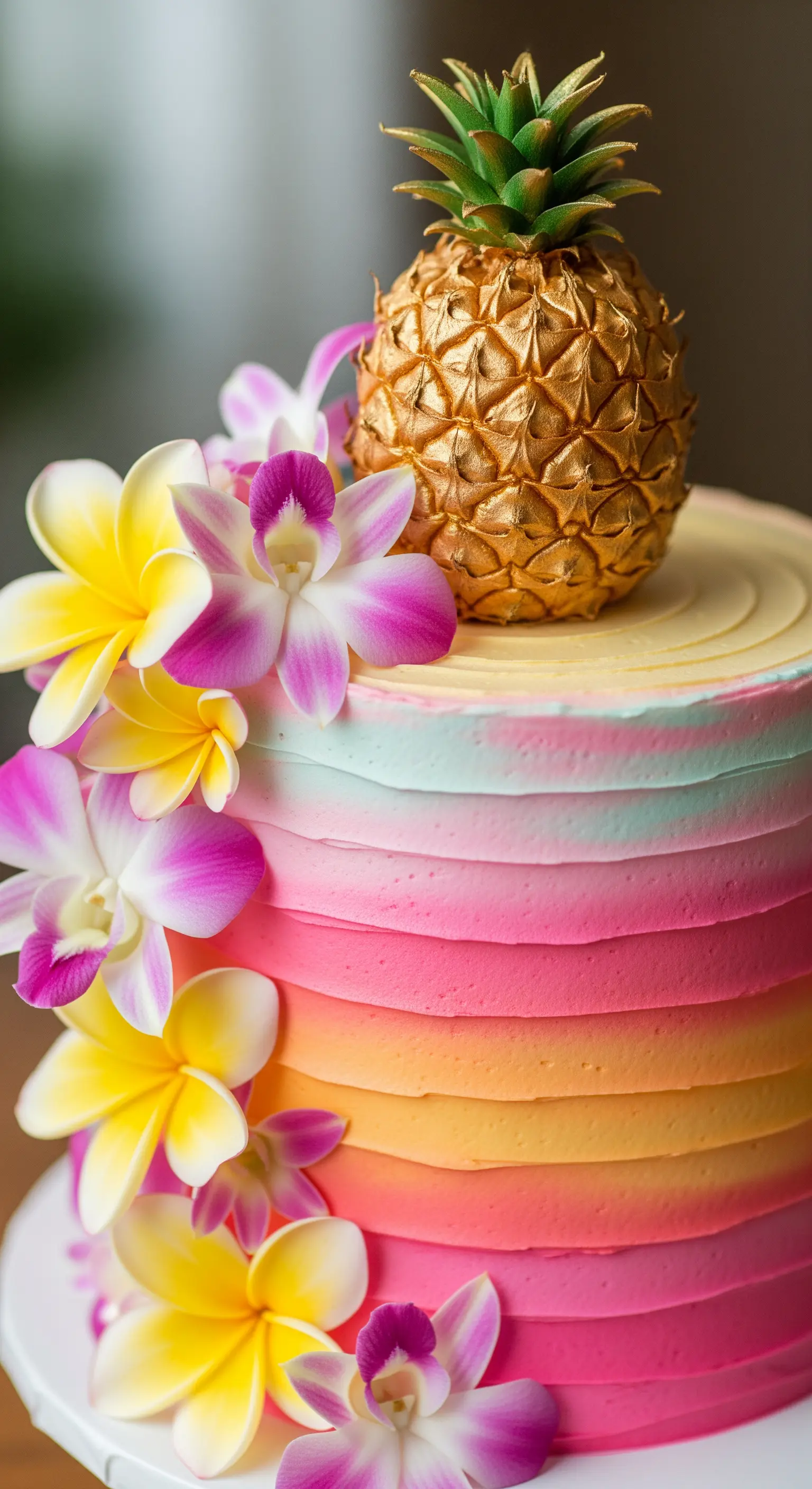 Torta a più piani con glassa sfumata color tramonto, decorata con fiori freschi e un ananas dorato.