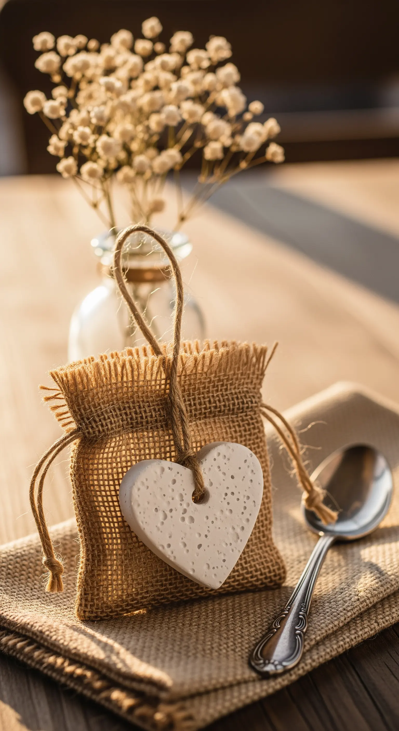 Sacchetto di juta con un cuore di gesso bianco appeso, per una bomboniera rustica e profumata.