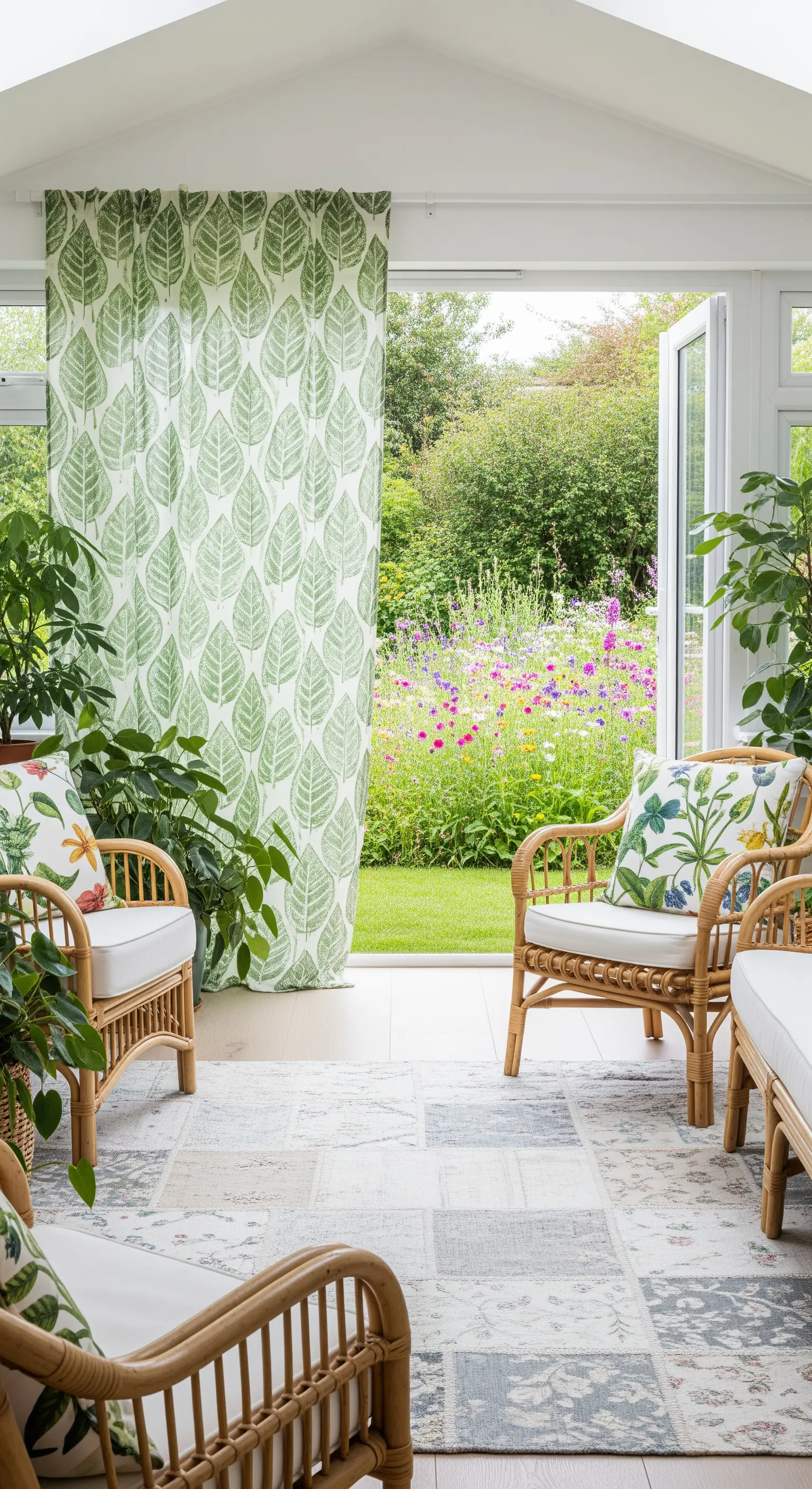 Veranda luminosa con poltrone in rattan, tende a motivo vegetale e tappeto patchwork chiaro.