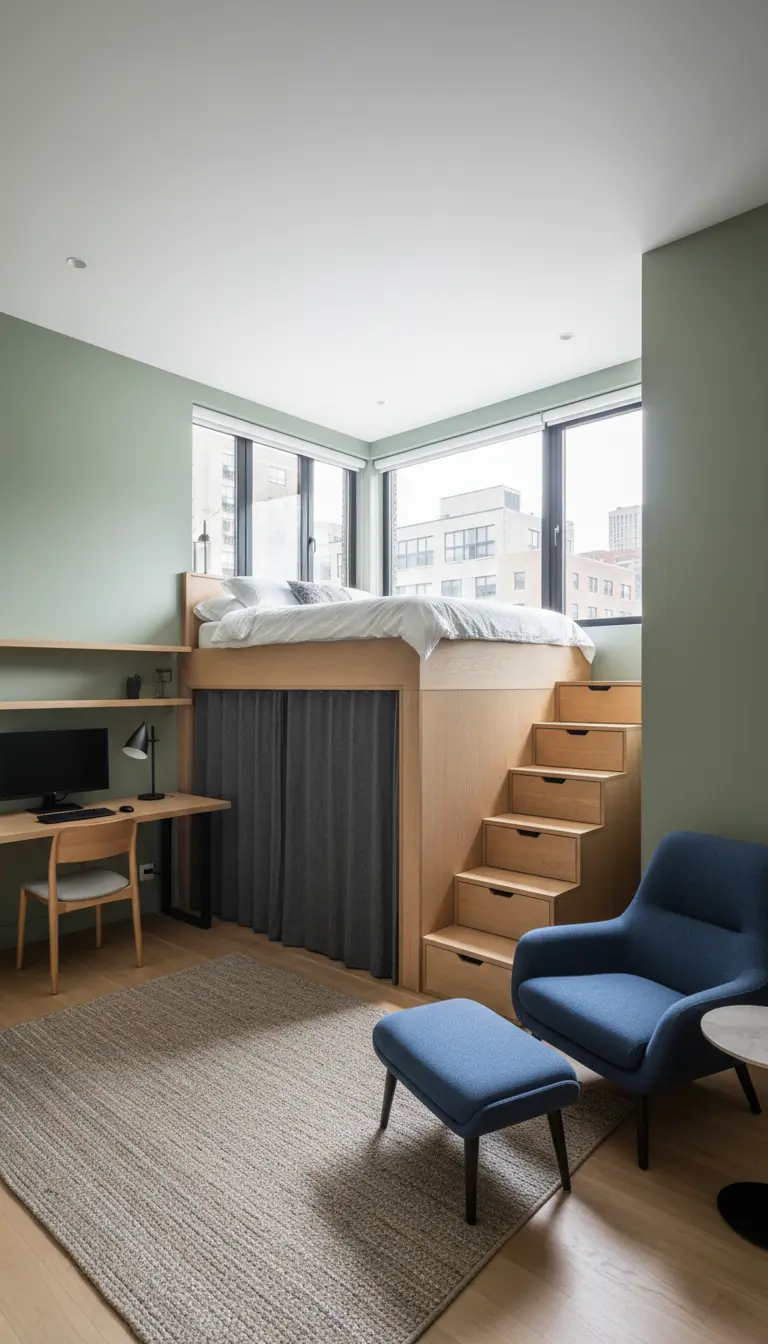 Letto su una piattaforma in legno con gradini-cassetto e una tenda per nascondere il vano.