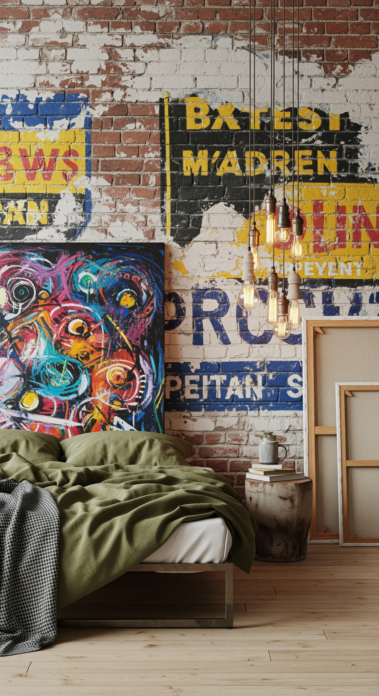 Parete di mattoni con scritte vintage sbiadite, arte astratta e un grappolo di lampadine Edison.