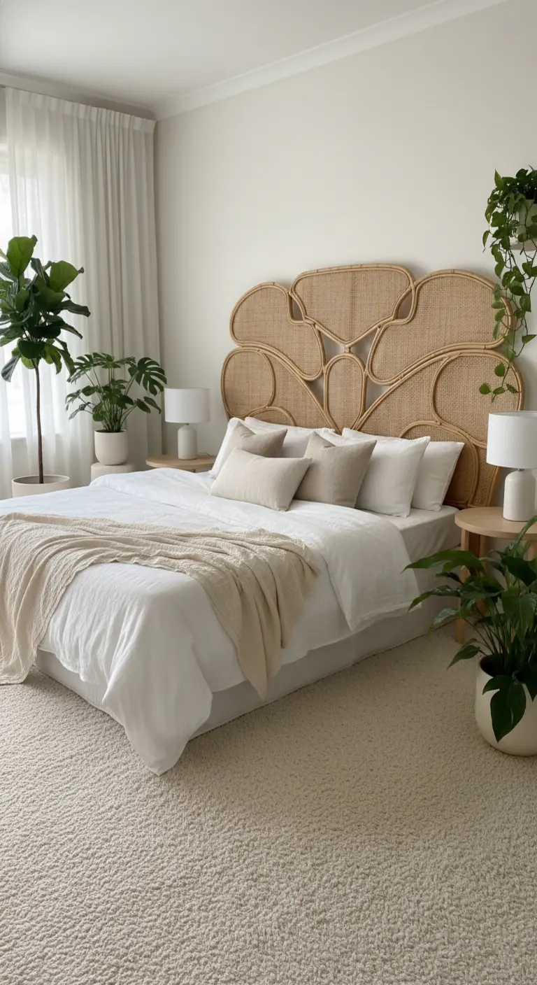 Camera da letto bianca e beige con una grande testiera in rattan dalle forme organiche.